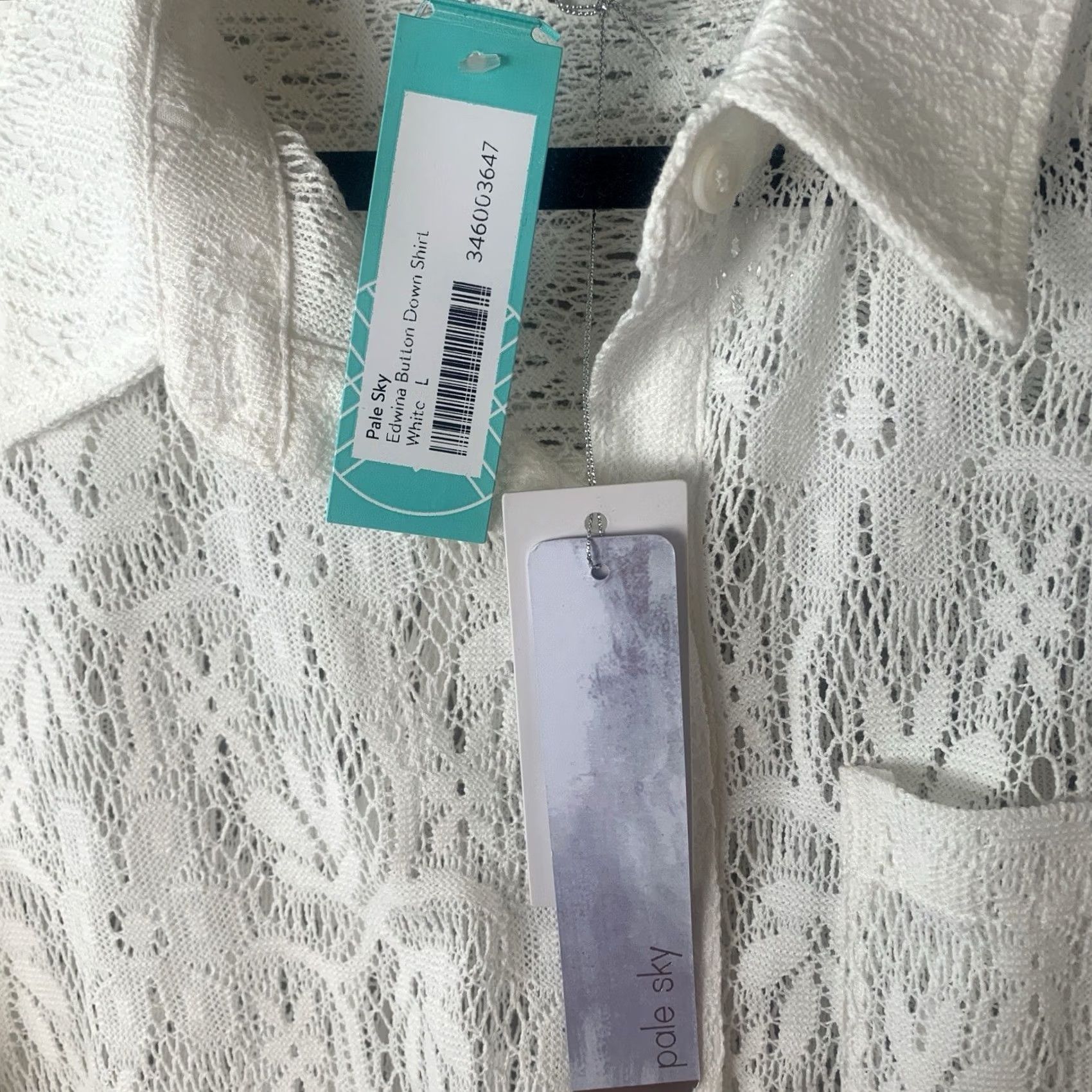 Vintage Pale Sky Top Women L White Eyelet Open Knit Boho Secretary Button Collared Blouse Size L / US 10 / IT 46 - 4 Thumbnail