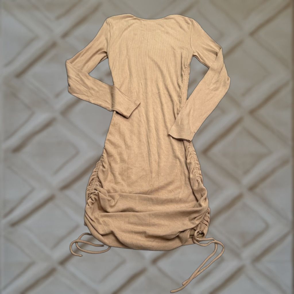 Vintage Hello Molly Dress Womens Medium Tan Brown Ribbed Knit Bodycon Ruched Midi NWT Size M / US 6-8 / IT 42-44 - 1 Thumbnail
