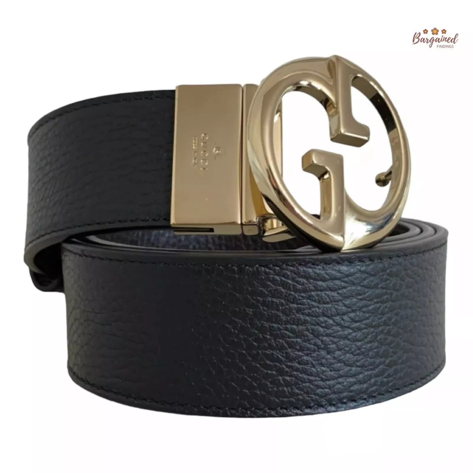 Gucci Gucci Black Pebbled Calf Leather Reversible Gold 1973 Belt Size 34 - 1 Thumbnail