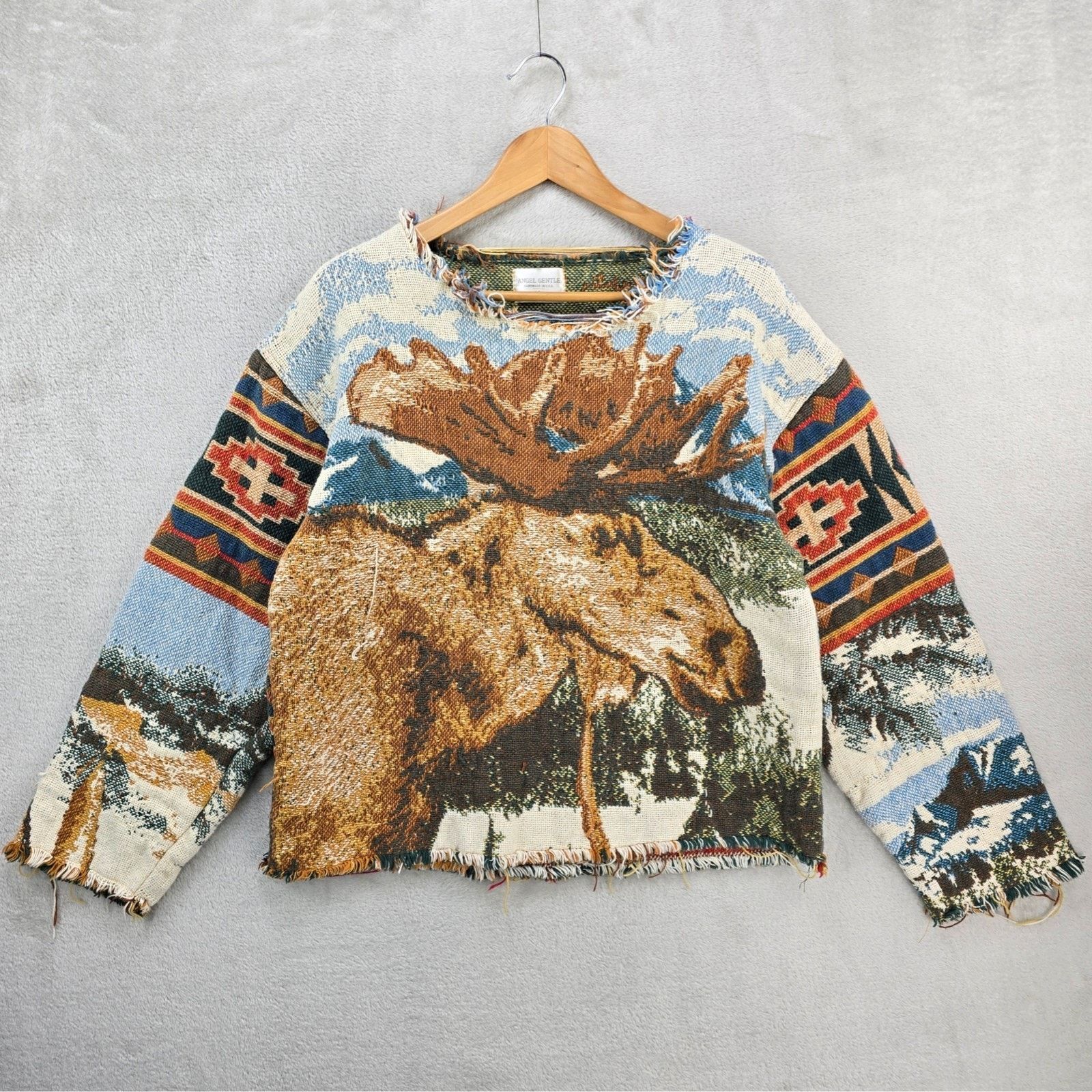 Angel Gentle Tapestry Knit Sweatshirt 10 Medium Moose Aztec