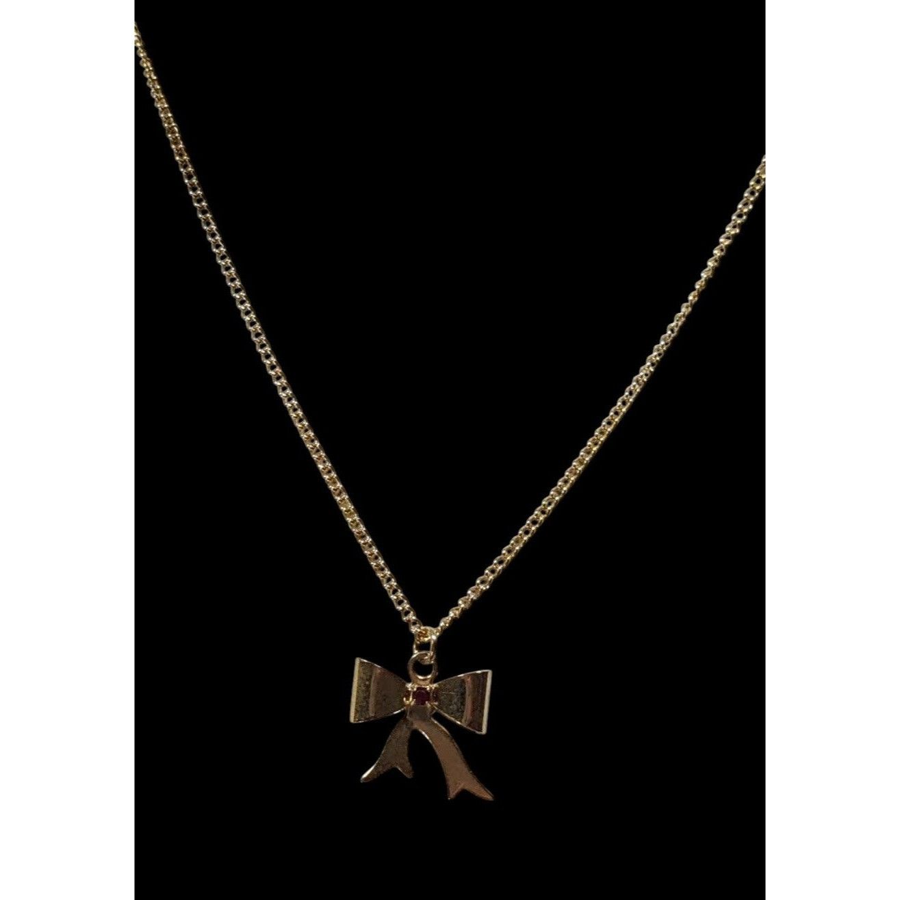 Other Vintage Dainty Coquette Gold Tone Bow Necklace With Red Gem Size ONE SIZE - 2 Thumbnail