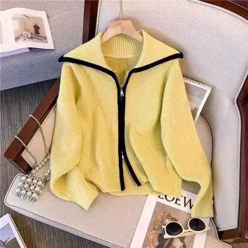 Yellow Zipper Lapel Cardigan Sweater