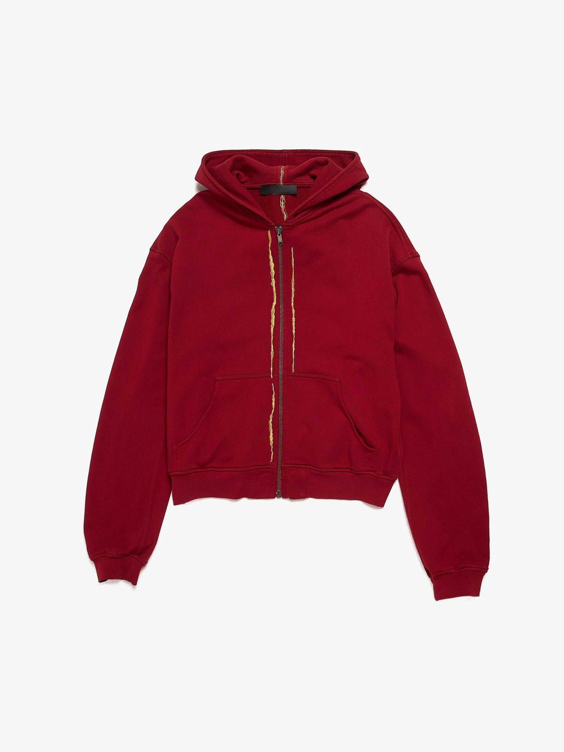 Red Golden Line Embroidered Perth Zipped Cotton Hoodie