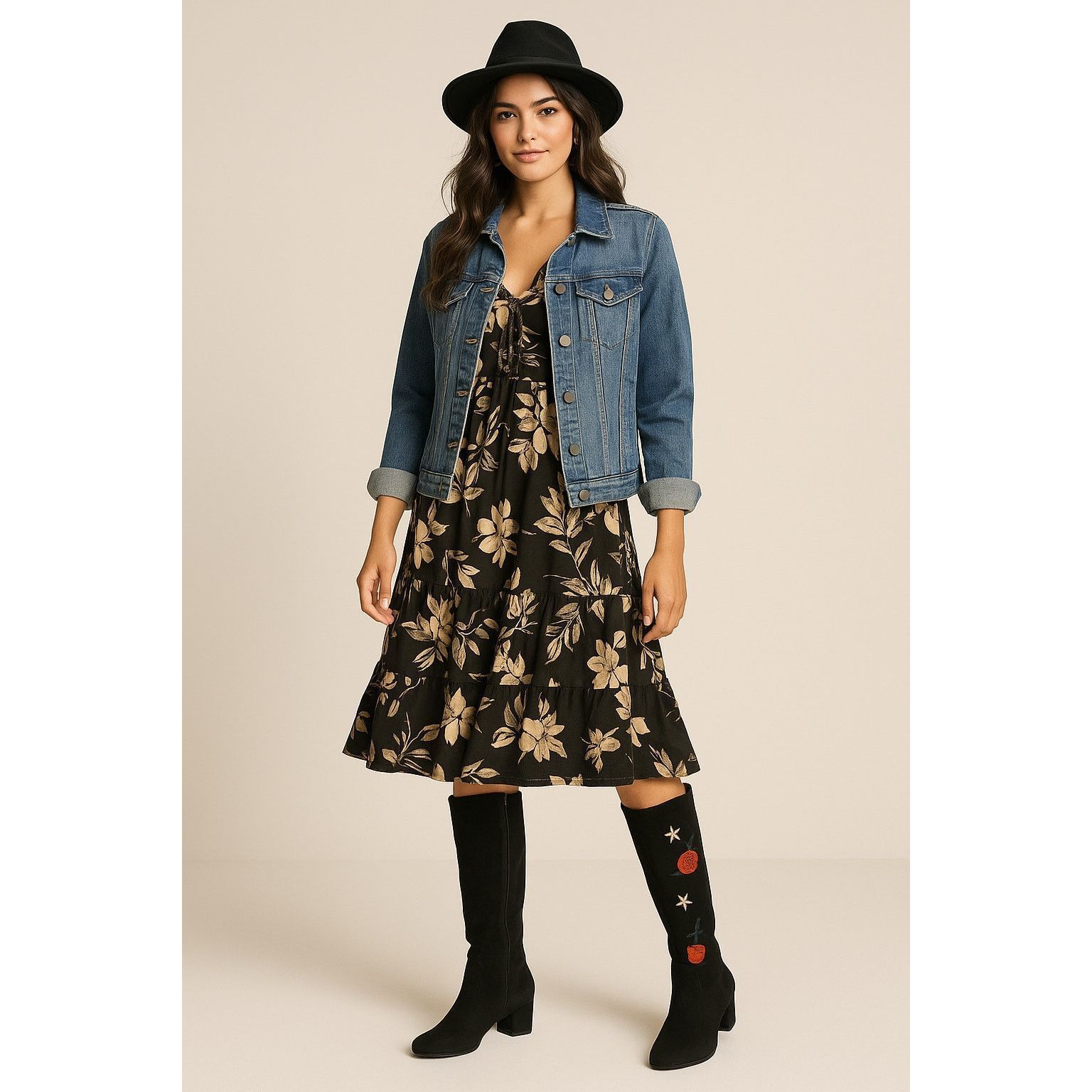 Boho Floral Embroidered Black Tall Boots Betsey Johnson 10M