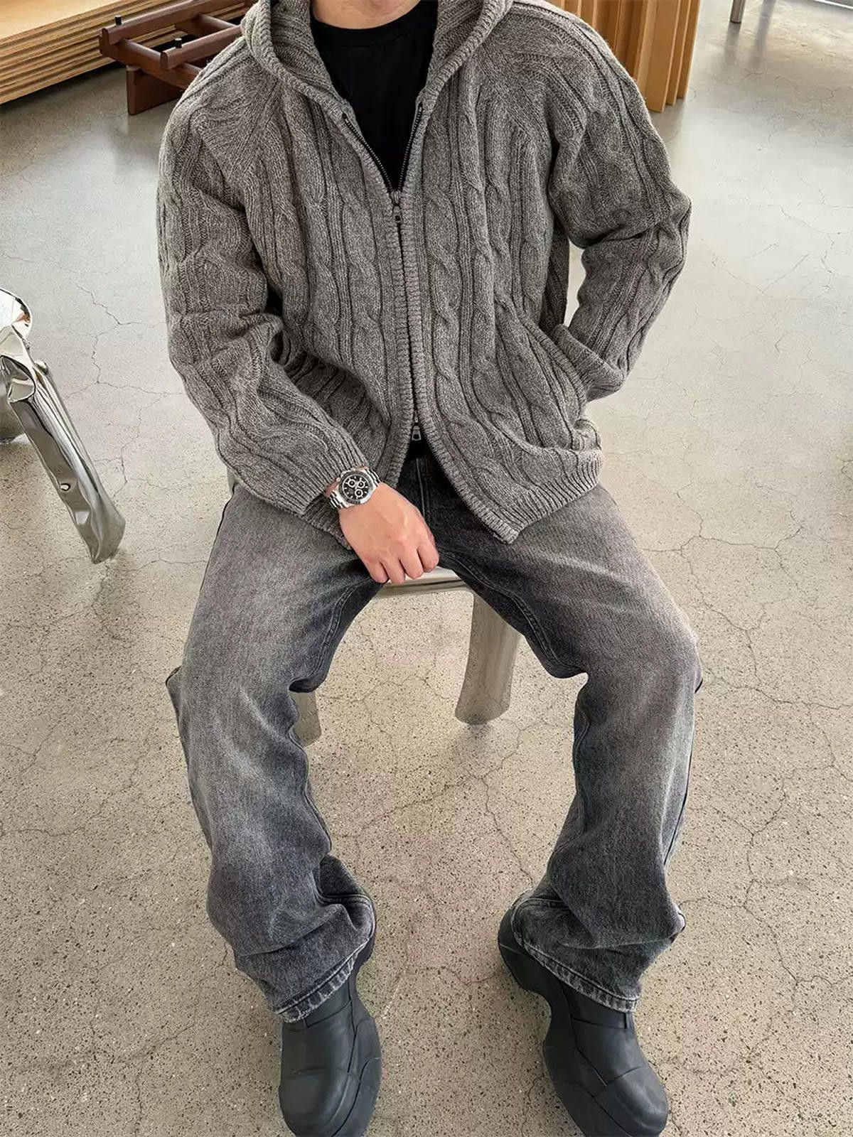 Other Gray Cable Knit Hooded Zip-Up Sweater, Cozy Pullover Hoodie Size US M / EU 48-50 / 2 - 2 Thumbnail