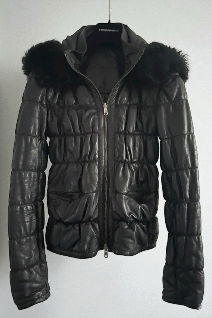 Giorgio Armani F/W2011 Emporio Armani Ruched Leather puffer Jacket Fur Hood Size S / US 4 / IT 40 - 1 Thumbnail