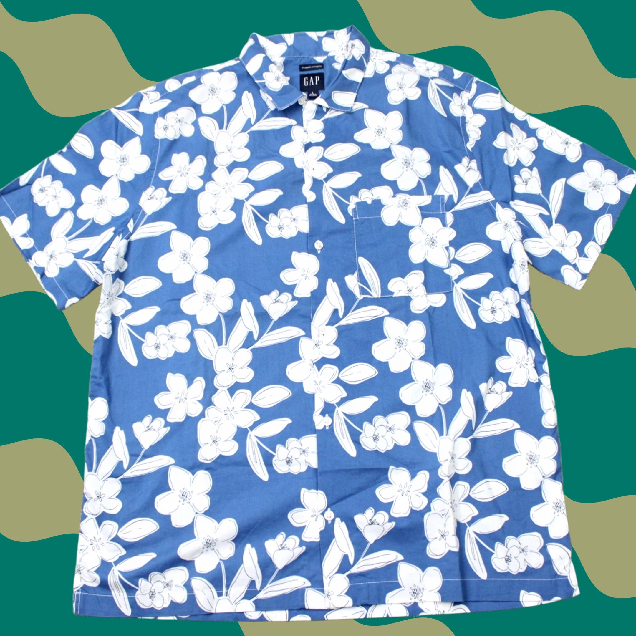 Gap GAP Shirt Mens Large Blue Floral Poplin Button-Up Short Sleeve Regular Fit Tropical Style Size US L / EU 52-54 / 3 - 1 Thumbnail