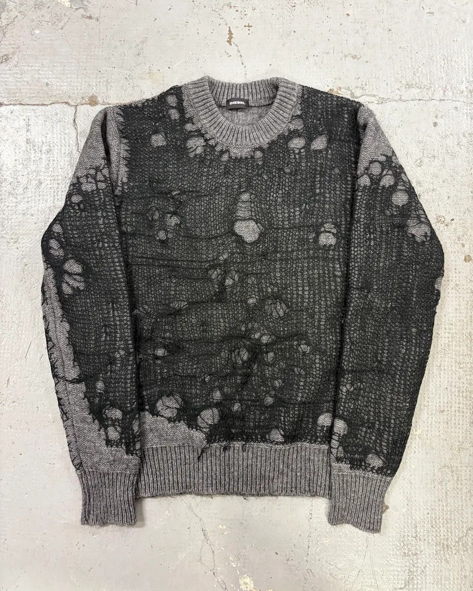 Diesel Diesel Grey & Black Spyder Web Wool Blend Distressed Sweater Size US S / EU 44-46 / 1 - 1 Thumbnail