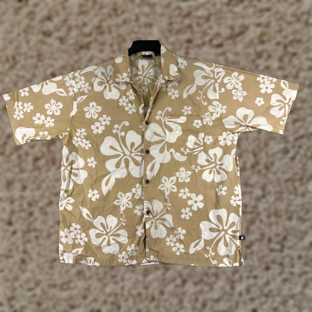 GOTCHA SPORT Shirt Adult XL Beige White Floral Hawaiian 100% Cotton Button-Up Short Sleeve Casual Surf Vacation Aloha Beach Mens