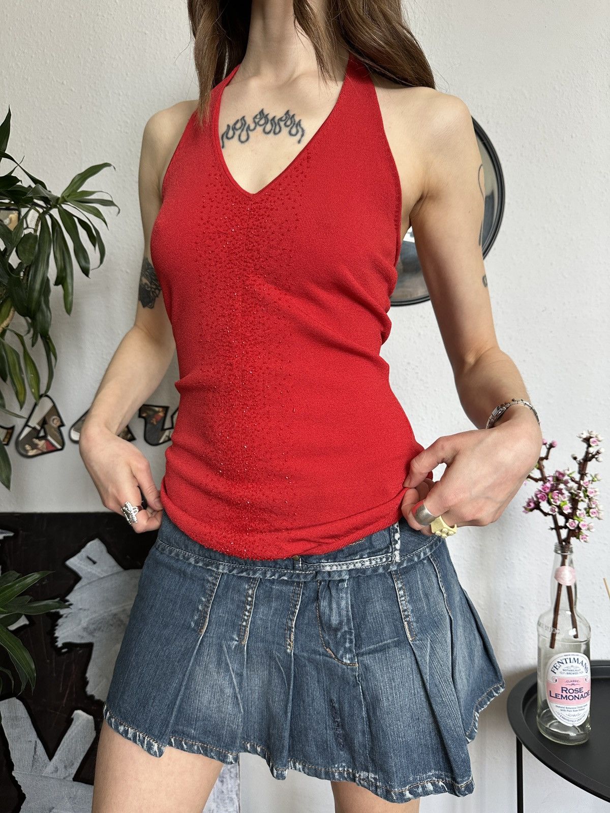 Vintage Halter Slim Beaded Sheath Sexy Red Crop Top y2k Size M / US 6-8 / IT 42-44 - 4 Thumbnail