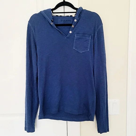 Guess Heathered 1/4 Button V-Neck Hooded Henley Casual School Size US M / EU 48-50 / 2 - 2 Thumbnail