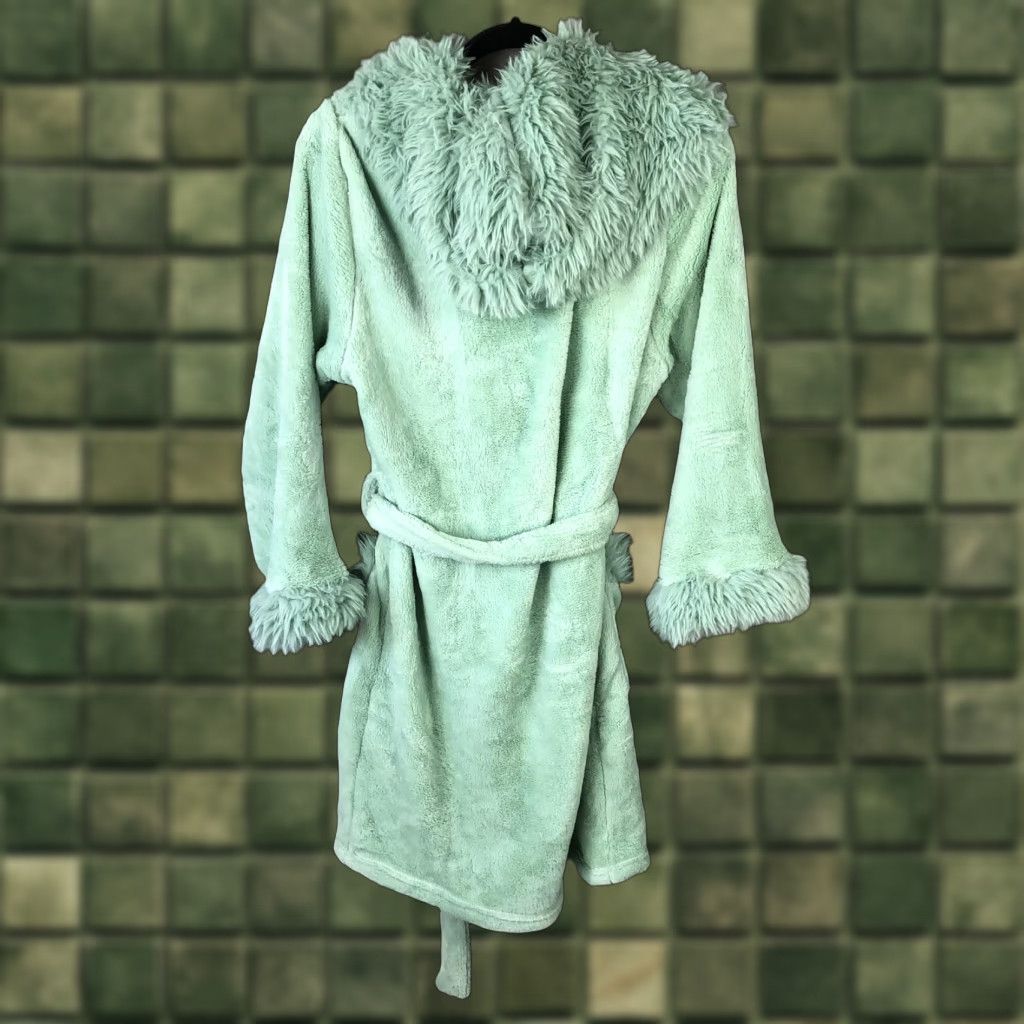 Vintage LYCY Robe Womens S/M Green Faux Fur Trim Hooded Plush Fleece Lounge Cozy Bath Size ONE SIZE - 1 Thumbnail