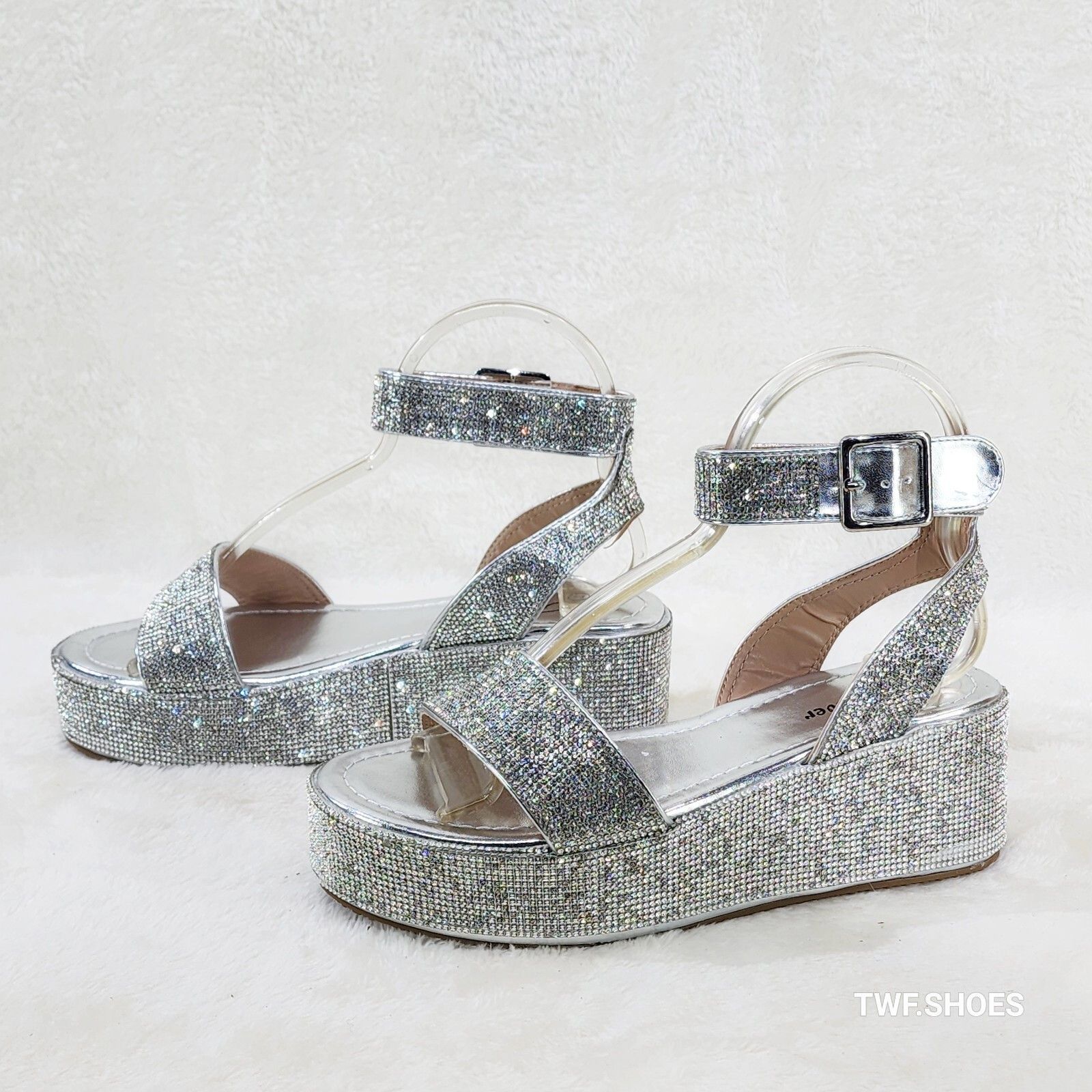 Other Flashy Silver Ankle Strap Sparkling Rhinestone Wedge 2" Plat Size US 10 / IT 40 - 2 Thumbnail