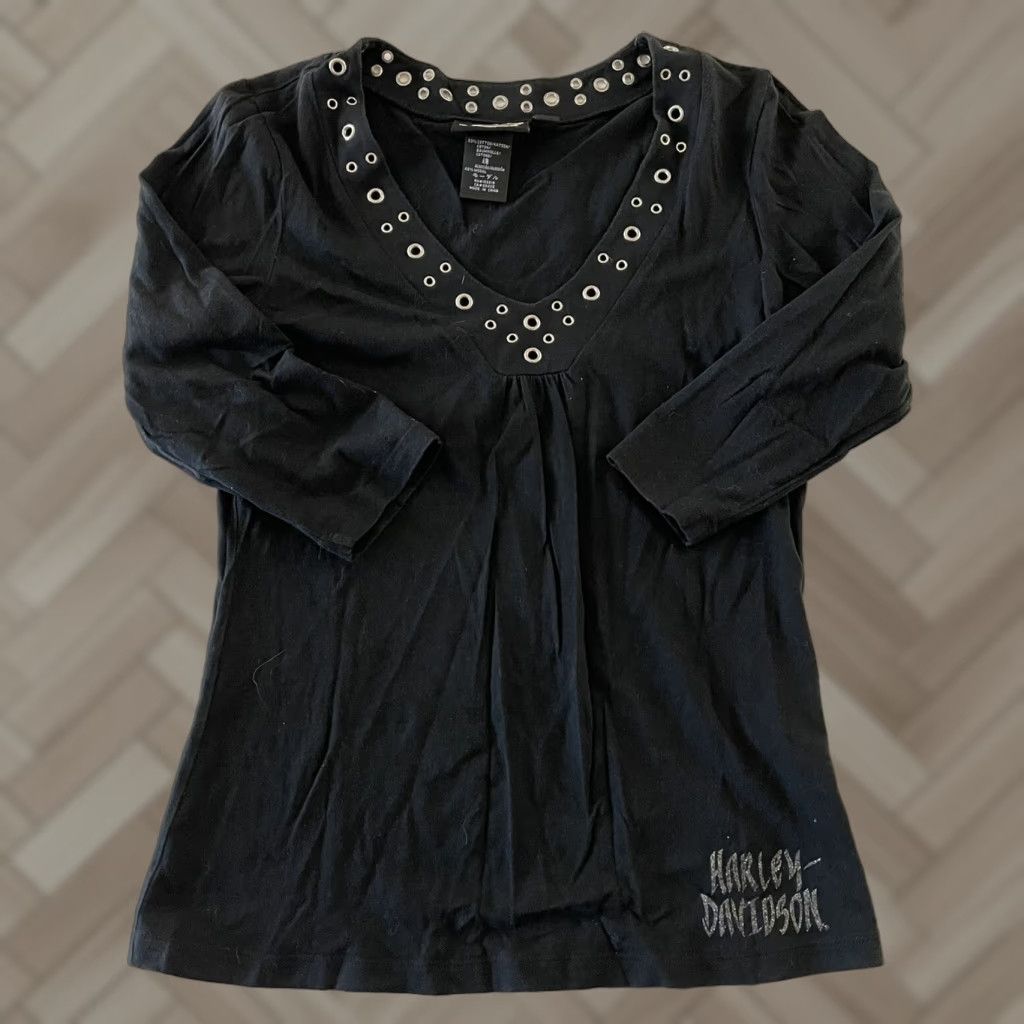 Harley Davidson Harley-Davidson Motorcycle 3/4 Sleeve Eyehole V Neck T Shirt Women's Small Black Size S / US 4 / IT 40 - 1 Thumbnail