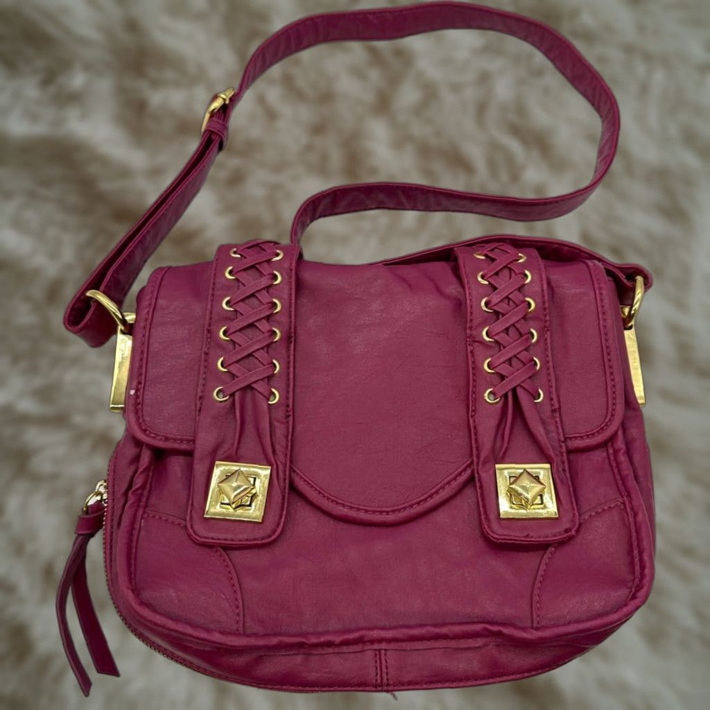 Vintage RJ Womens Crossbody Bag Purse Pink Magenta Gold Laced Faux Leather Fold Over Crossbody Size ONE SIZE - 1 Thumbnail