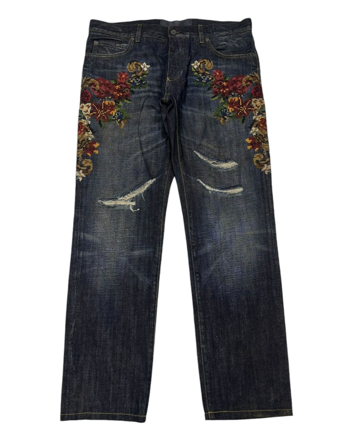 Dolce & Gabbana 🐎DOLCE & GABBANA FLOWER KNIT DISTRESSED DENIM JEANS Size US 35 - 1 Thumbnail