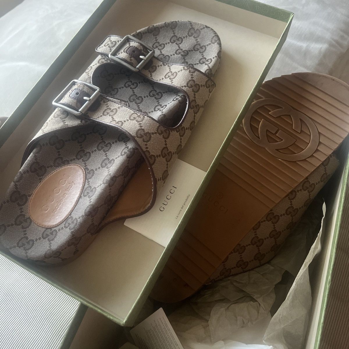 Sz 14 100 % AUTHENTIC Gucci Slide Sandal Strap Beige Monogra