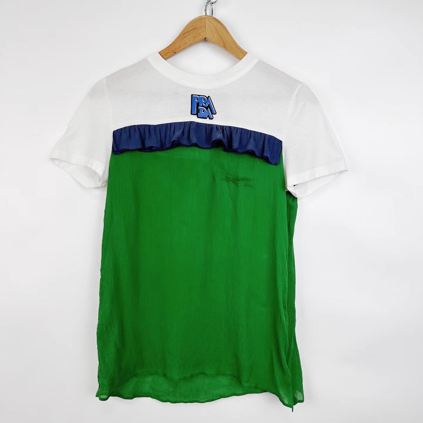 Prada Prada White & Green Panel Logo Silk Short Sleeve K12 Size US S / EU 44-46 / 1 - 1 Thumbnail
