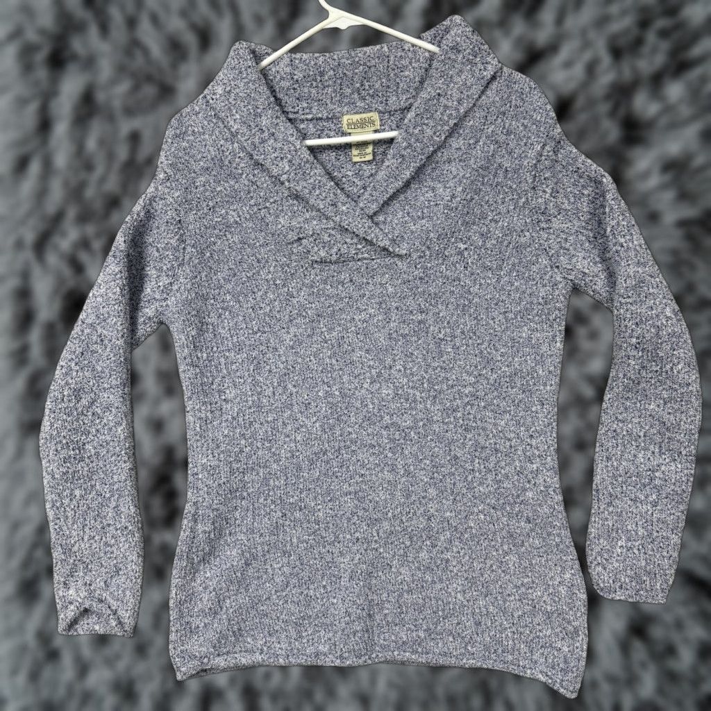 Vintage Classic Elements Sweater Womens M Blue Shawl Collar Boucle Knit Preppy Coastal Size M / US 6-8 / IT 42-44 - 1 Thumbnail