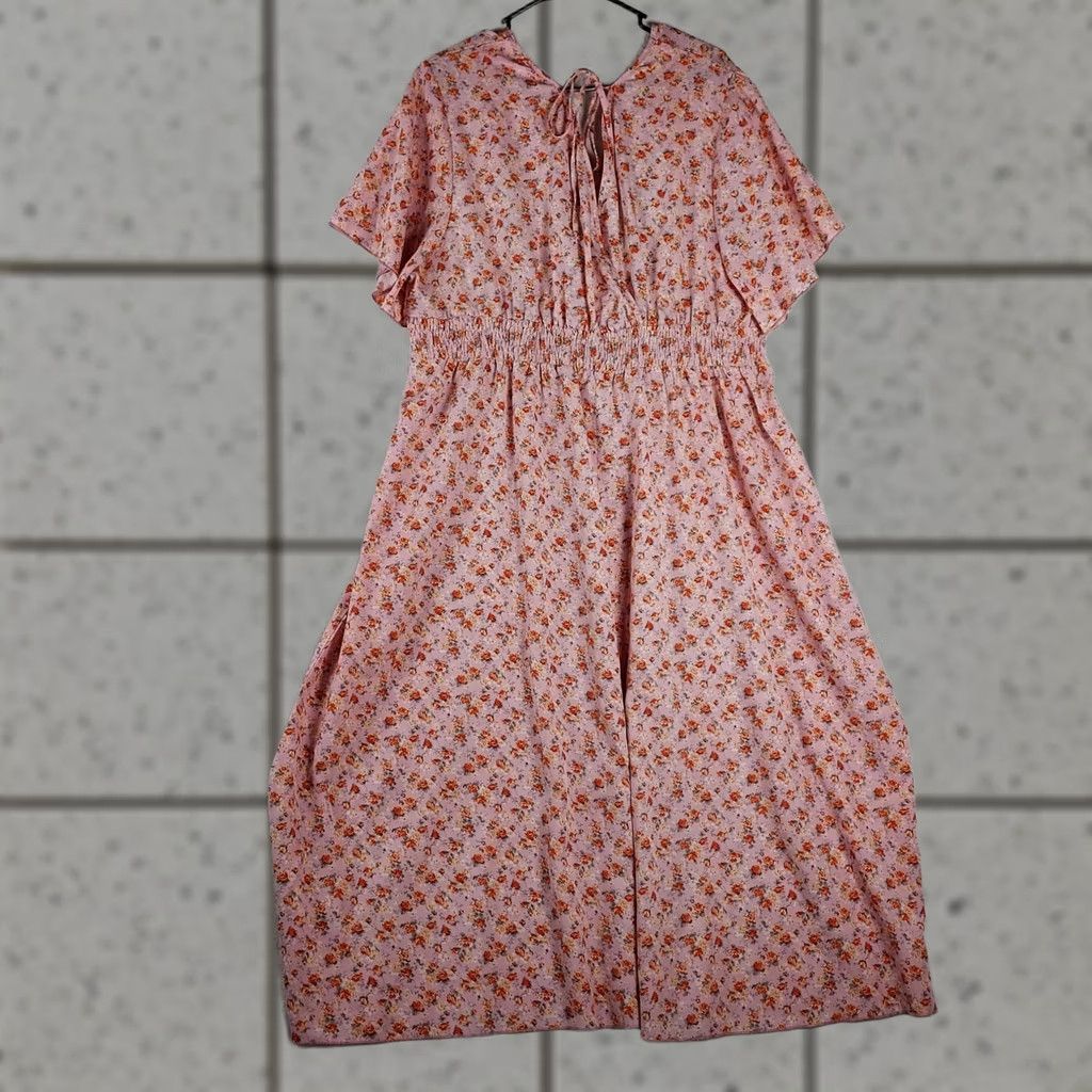 Pinko Seasty Women's Pink Floral Maxi Dress Short Sleeve Smocked Waist 4XL Shirt Adult 4XL Pink Floral Summer Casual Vogue Size 40" / US 18 - 1 Thumbnail