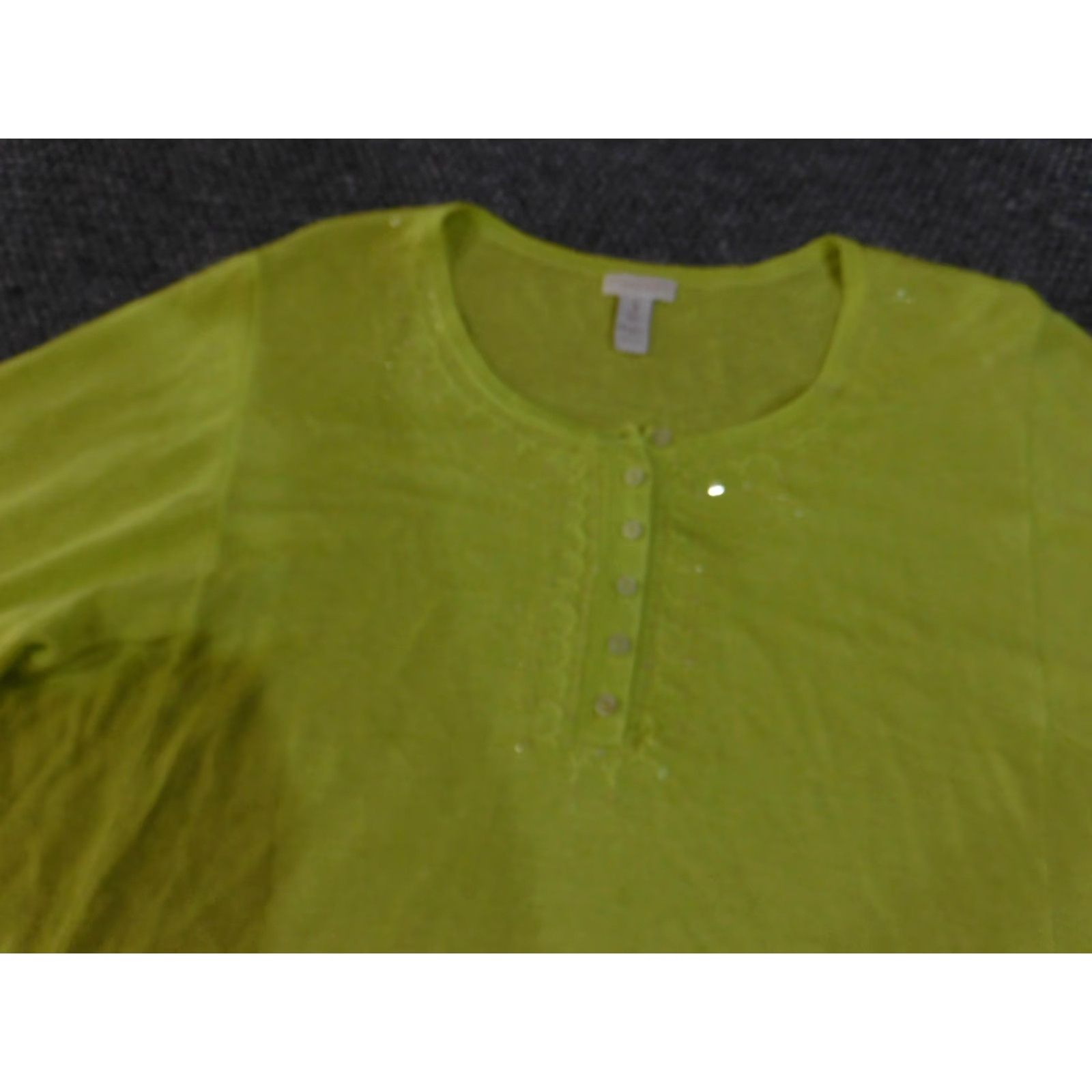 Vintage Chico's Sweater Womens 3 Green Linen Viscose Sequin Button Lightweight Top 3/4 Sleeve Scoop Neck Knitting Knit Size XS / US 0-2 / IT 36-38 - 7 Thumbnail