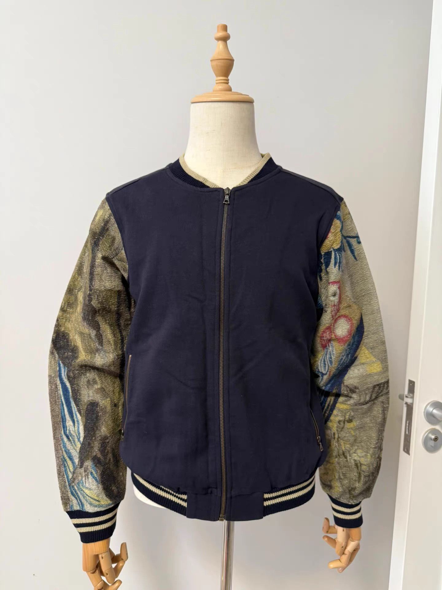 Dries Van Noten Black Bomber Jacket with Printed Sleeves, Size M Size US M / EU 48-50 / 2 - 1 Thumbnail