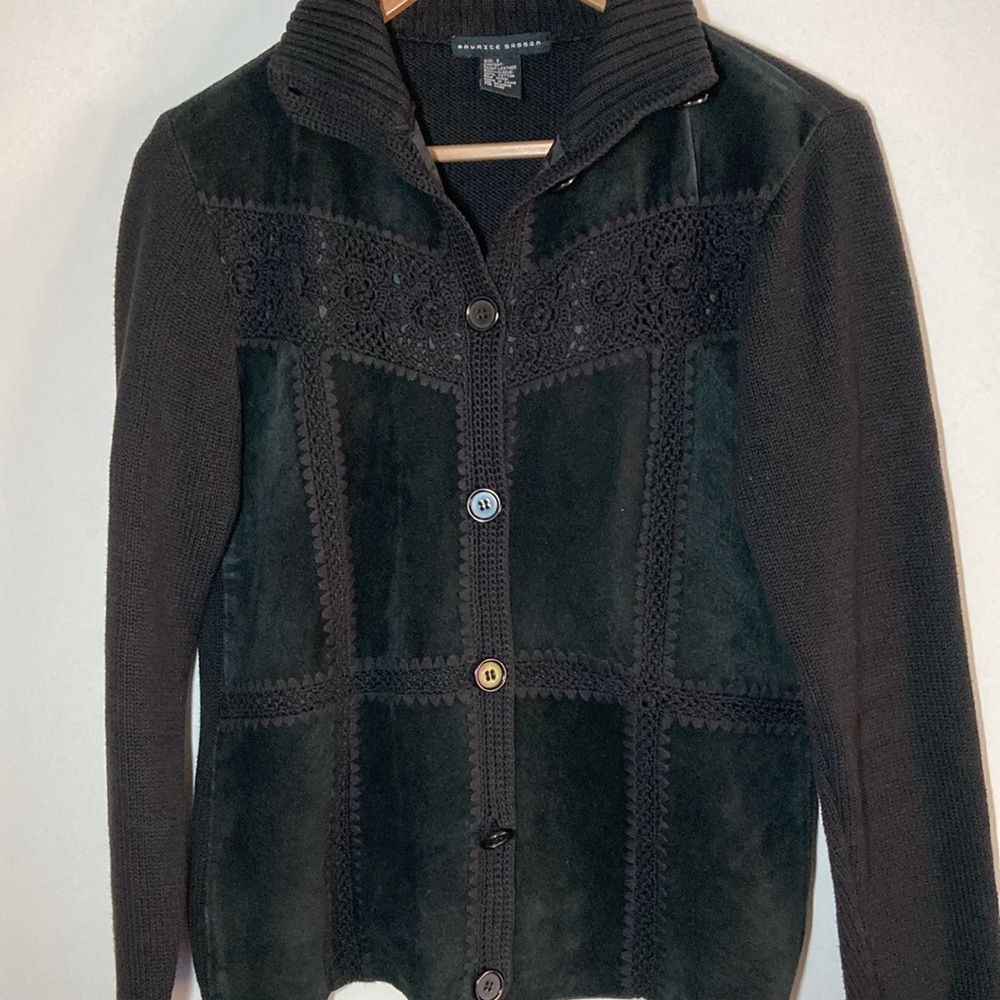 Vintage Maurice Sasson Vintage 90's Black Leather & Knit Cardigan Sw Size S / US 4 / IT 40 - 7 Thumbnail