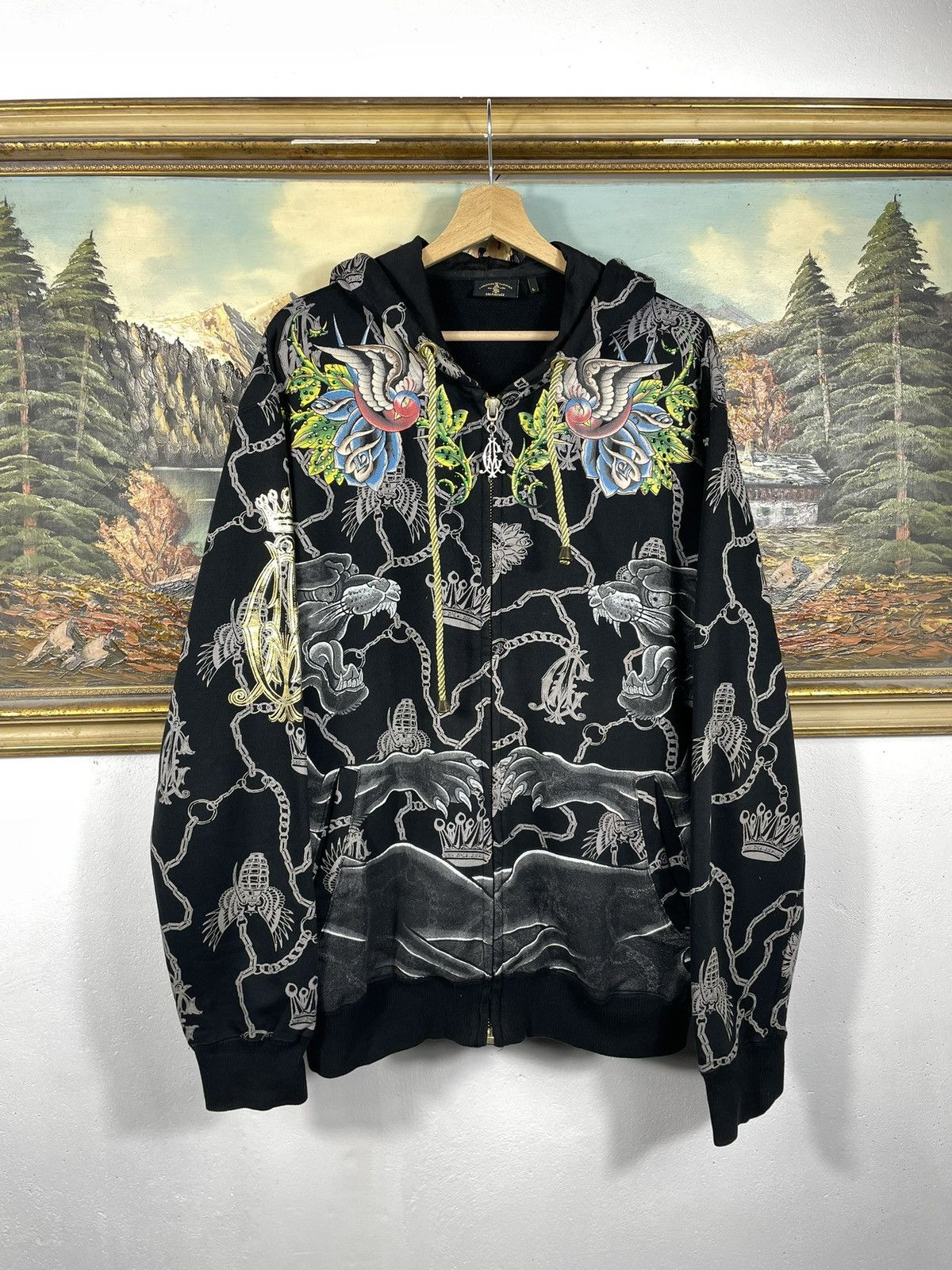 Christian Audigier × Ed Hardy × Vintage Ed Hardy Retro 00s Hoodie With Crystals Affliction Grunge Size XXL / US 16-18 / IT 52-54 - 1 Thumbnail