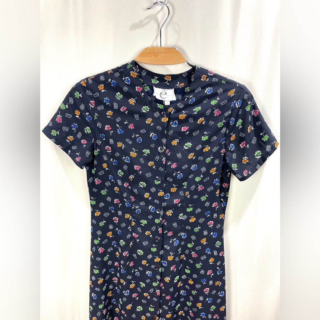 Vintage VTG Eaton Essentials Navy Floral Short Sleeve Crepe Dress 8 Size M / US 6-8 / IT 42-44 - 4 Thumbnail