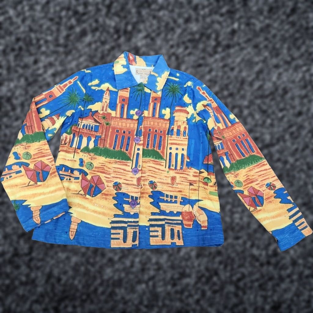 Vintage Womens Life Style Blazer Jacket Button Collared All Seasons Blue City Skyline Sequin Mid-Length Long Sleeve Regular Size L Patterned Size L / US 10 / IT 46 - 1 Thumbnail