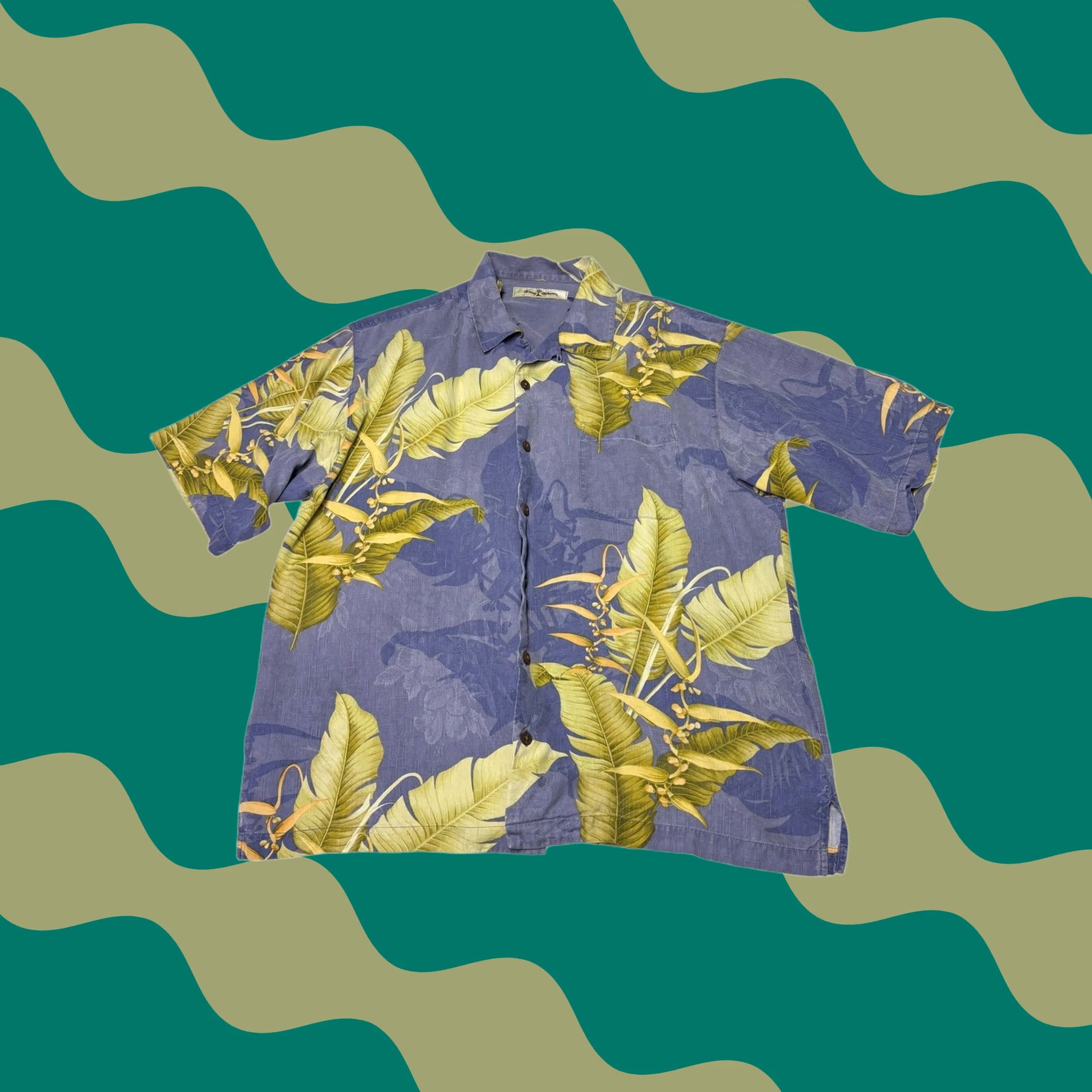 Tommy Bahama Tommy Bahama Mens L 100% Silk Tropical Leaf Floral Camp Shirt Blue Purple Short Sleeve Casual Travel Button-Up Pocket Size US L / EU 52-54 / 3 - 1 Thumbnail
