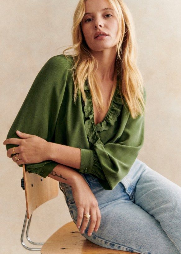 Sezane Sezane Rosine Green Silk Blouse Shirt Size EU 36 Size XS / US 0-2 / IT 36-38 - 2 Thumbnail