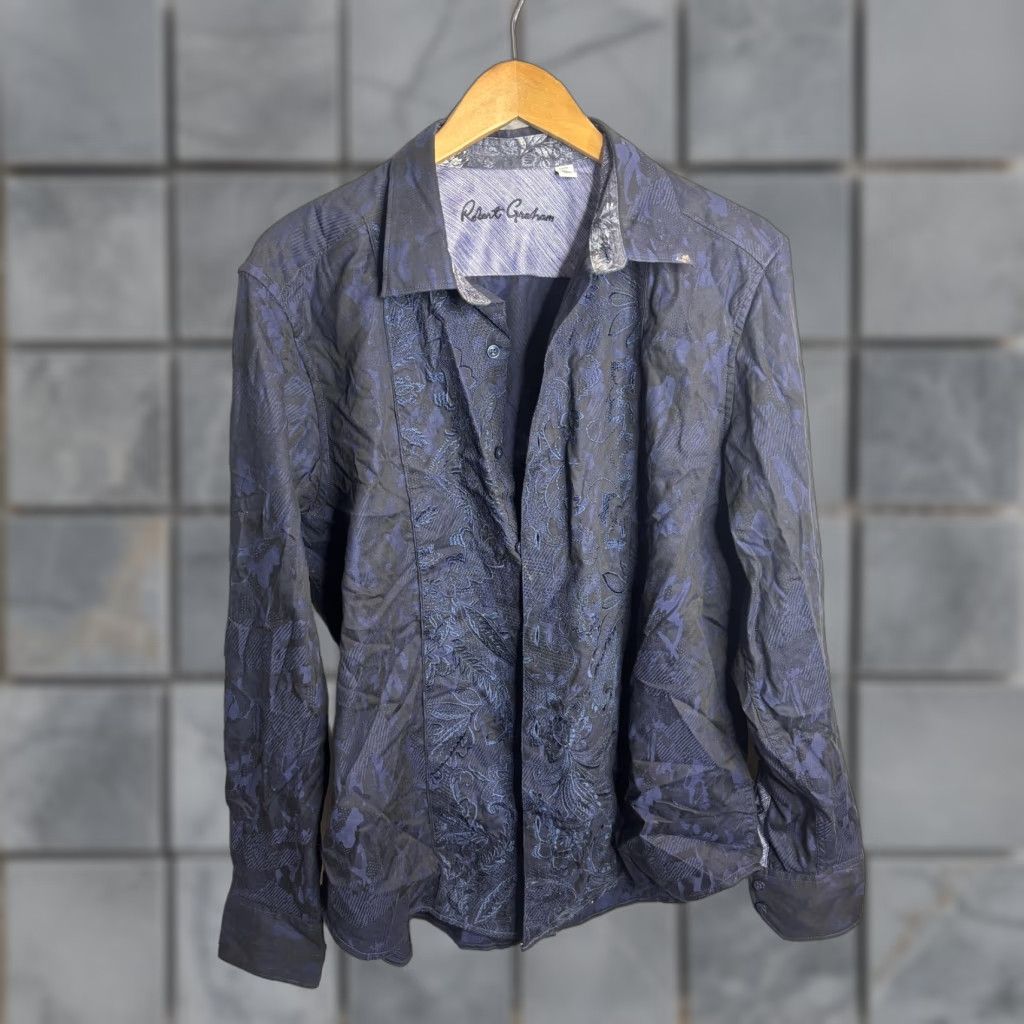 Robert Graham VINTAGE Robert Graham Shirt Mens XL Blue Black Jacquard Floral Embroidered Classic Fit Long Sleeve Button-Up Size US XL / EU 56 / 4 - 1 Thumbnail