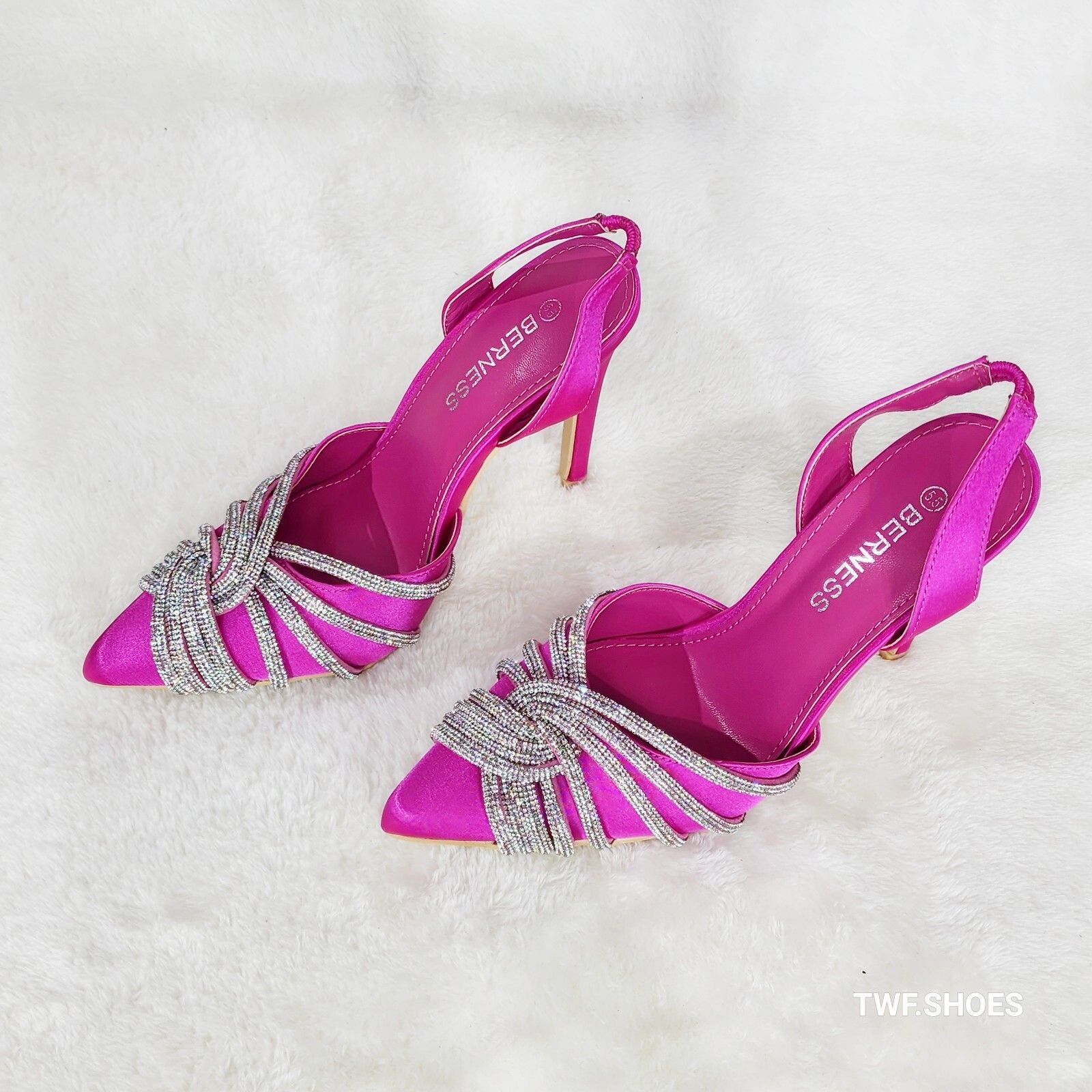Other Elegance Slip on Slingback Fuchsia Satin Rhinestone Pointy T Size US 8 / IT 38 - 2 Thumbnail