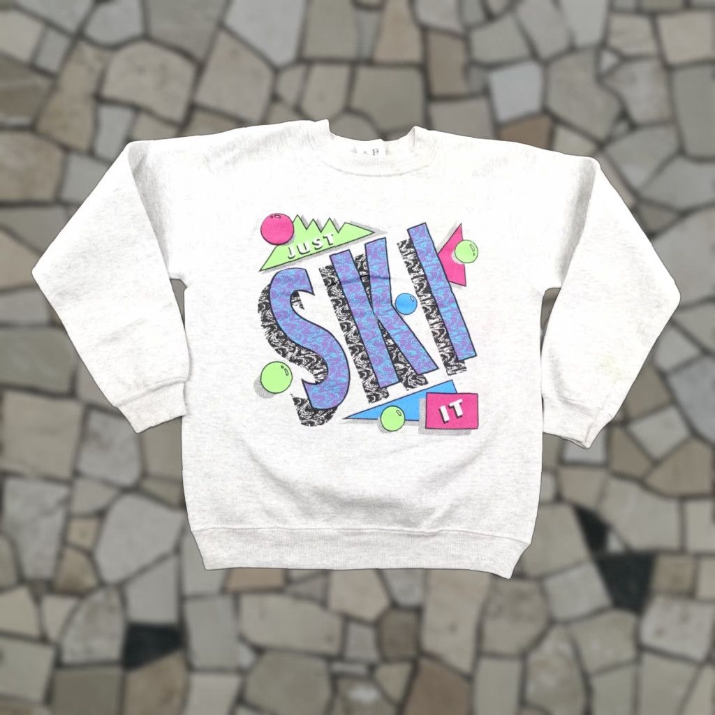 Vintage Hanes Sweatshirt Just Ski It Mens Medium Gray 80s Neon Graphic Crewneck USA