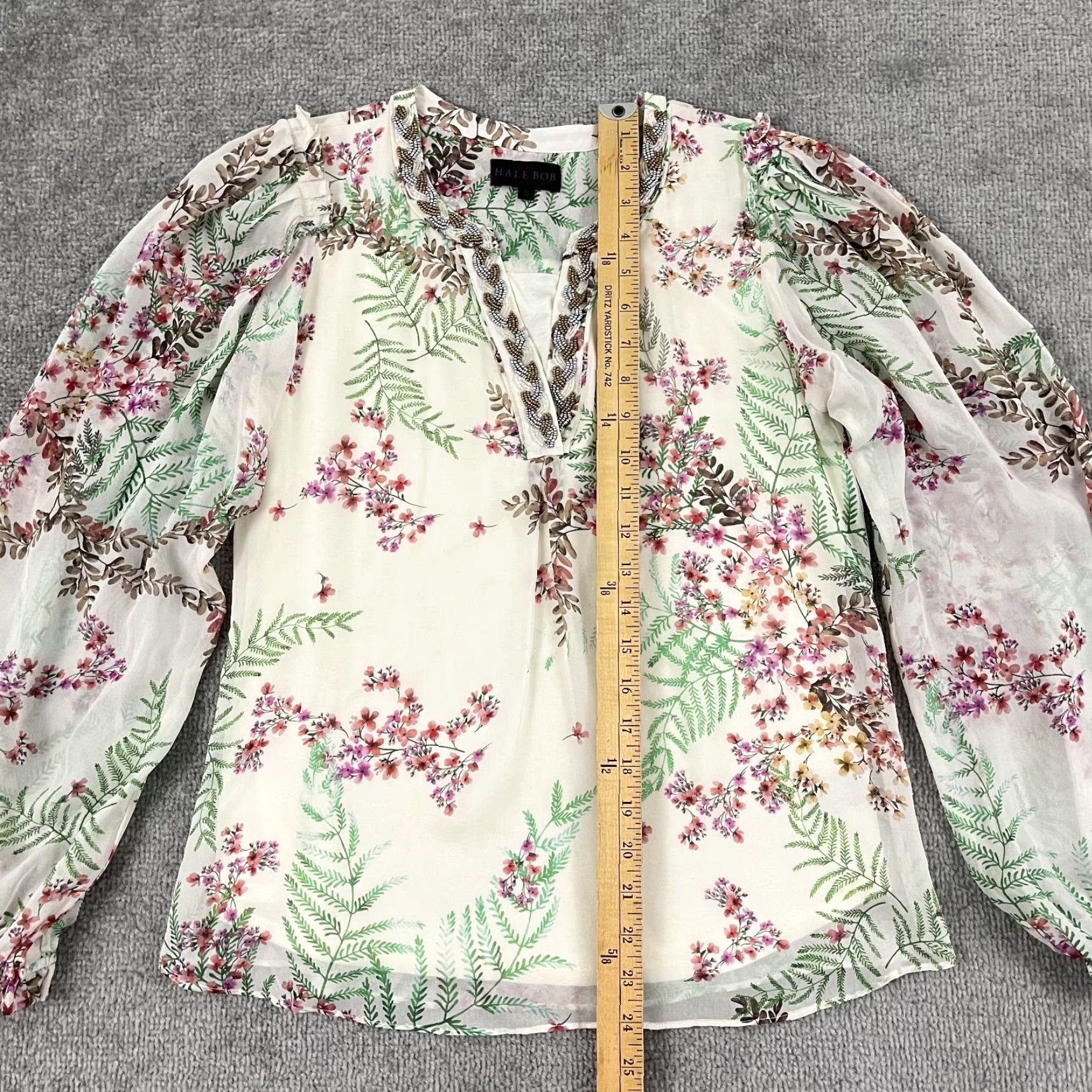 Vintage VINTAGE Hale Bob Women's Blouse Top Small White Floral Silk Sheer Beaded Balloon Sleeve Size S / US 4 / IT 40 - 5 Thumbnail