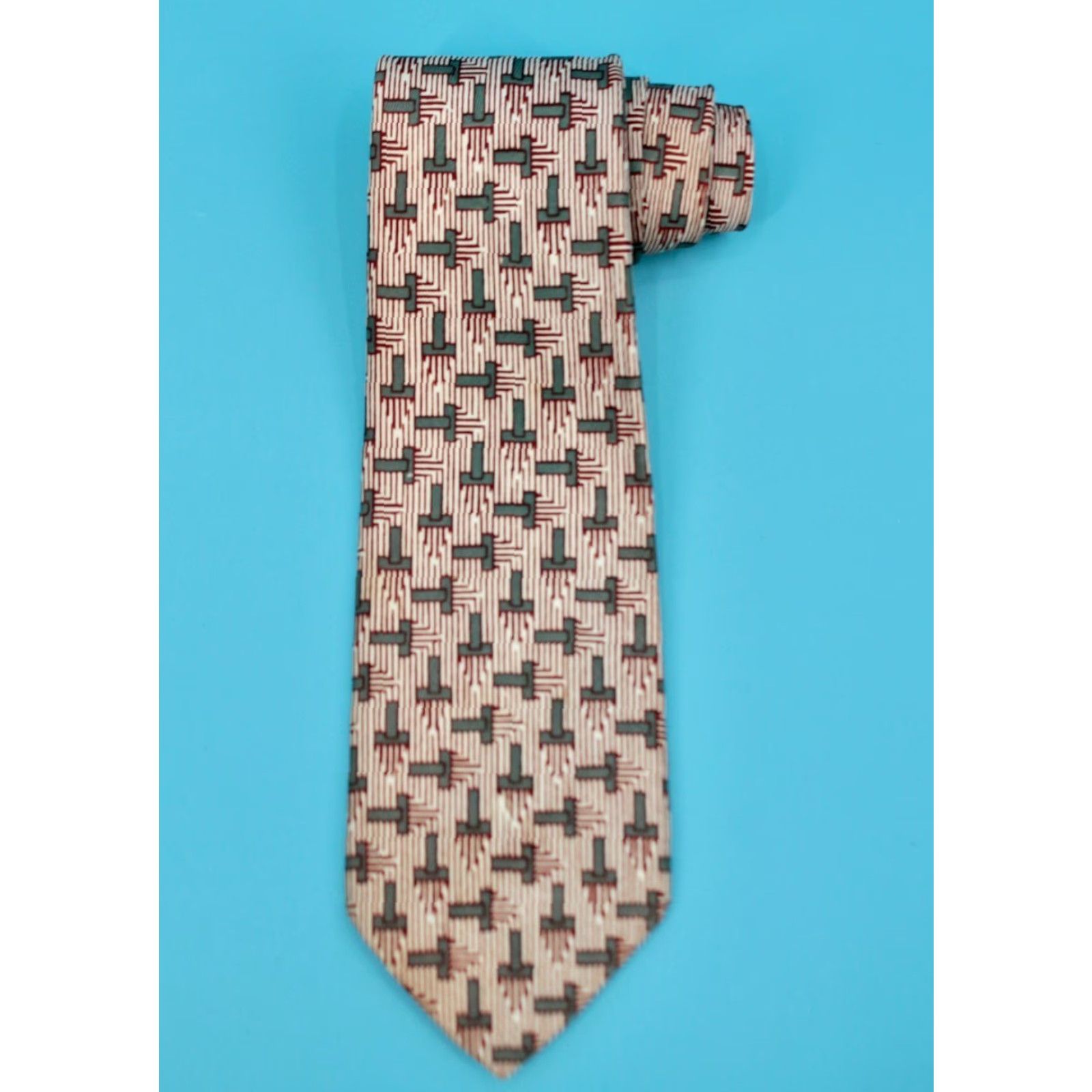 Haband VTG Men's 1950s Green Brown & White Geometric Pattern Necktie 50s Tie Size ONE SIZE - 2 Thumbnail