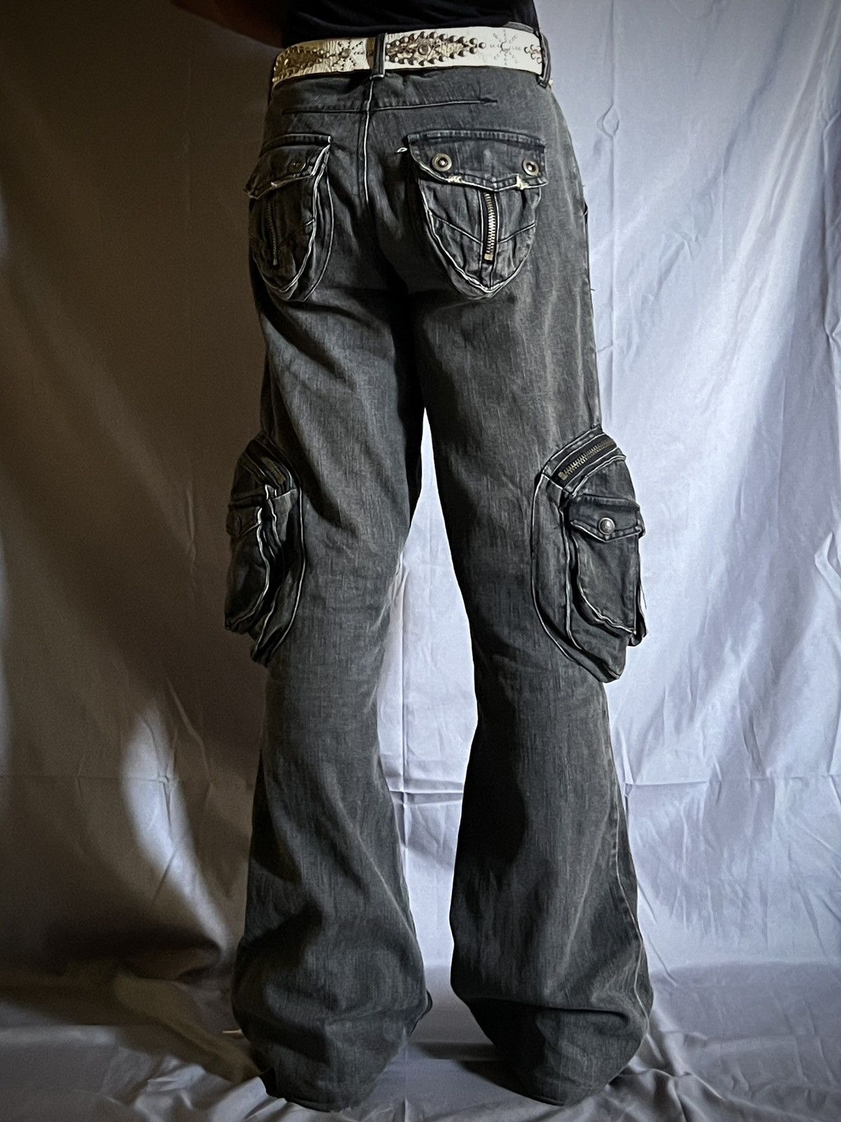 Japanese Brand Y2K Slow Hand Jam Black Cargo Flare Jeans Size US 34 / EU 50 - 3 Thumbnail