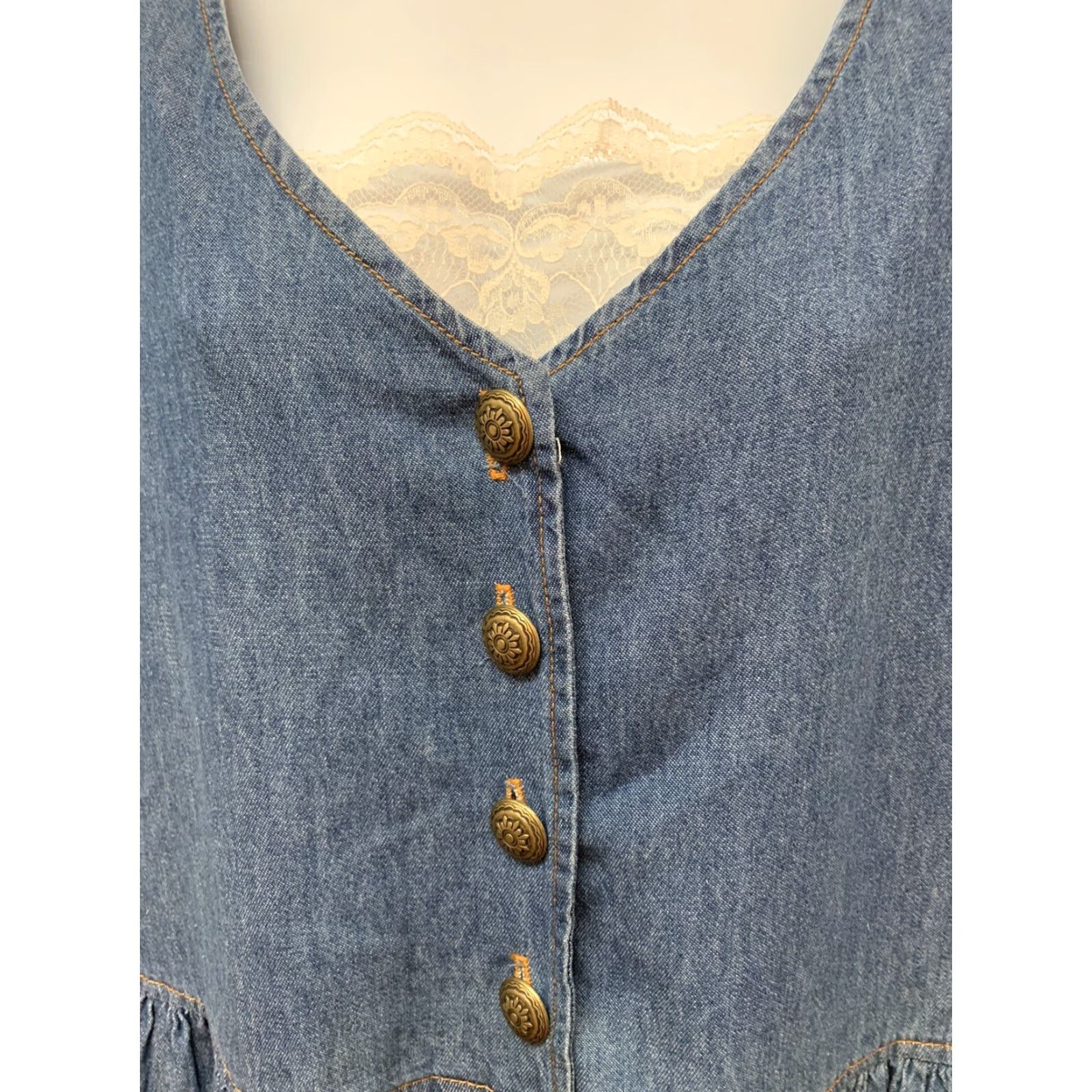 Vintage VINTAGE Ms. Conduct Denim Jean Dress Lace Detail Romantic Cottagecore 14 Blue Cotton 1980s Casual Regular Size 36" / US 14 / IT 50 - 3 Thumbnail