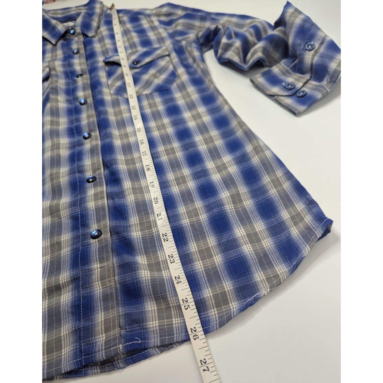CO Dixxon Shirt Women's S Blue Button-Up Plaid Bamboo Satin Pearl Snap Long Sleeve Size S / US 4 / IT 40 - 5 Thumbnail