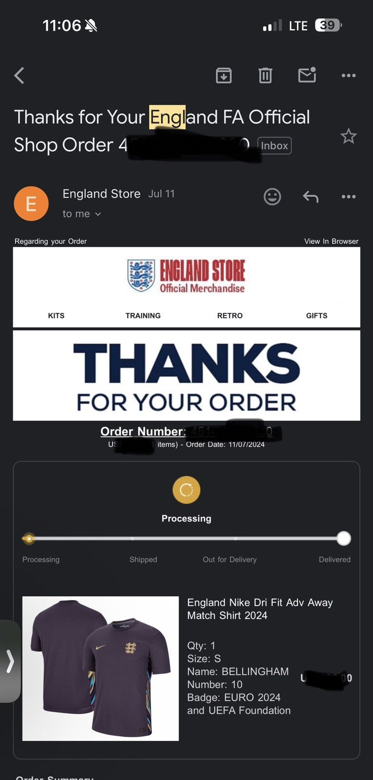 Nike England BELLINGHAM Euro 2022 Away Jersey Size US S / EU 44-46 / 1 - 9 Thumbnail