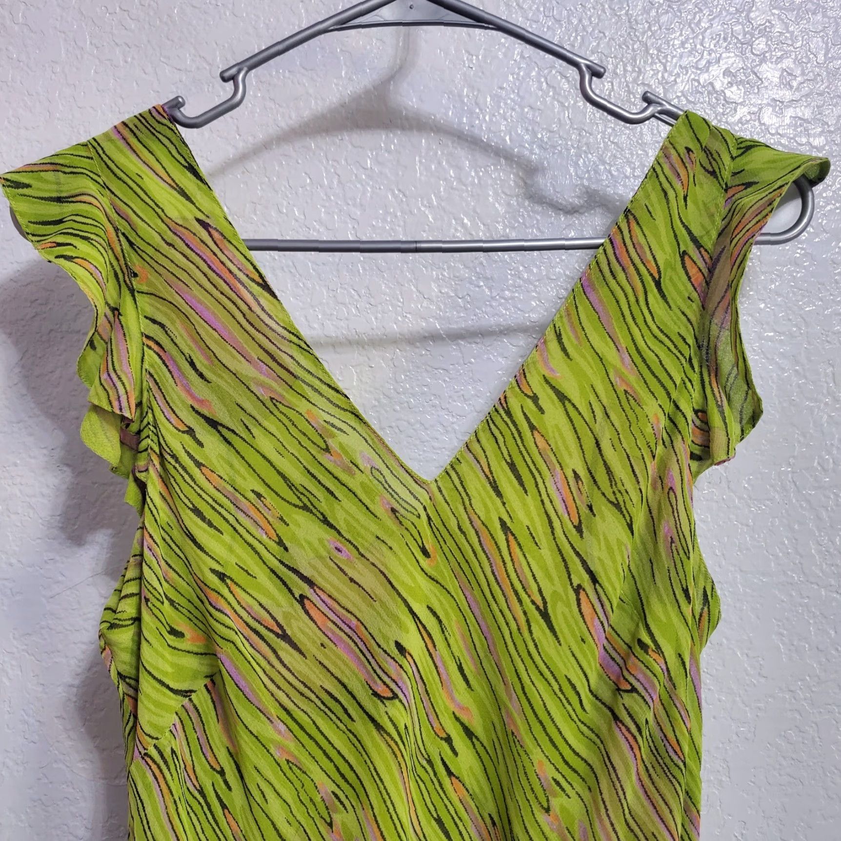 Vintage VINTAGE Chaudry Midi Dress Womens L Lime Green Print Flutter Sleeve V Neck Lined Fairycore Dress Size L / US 10 / IT 46 - 4 Thumbnail