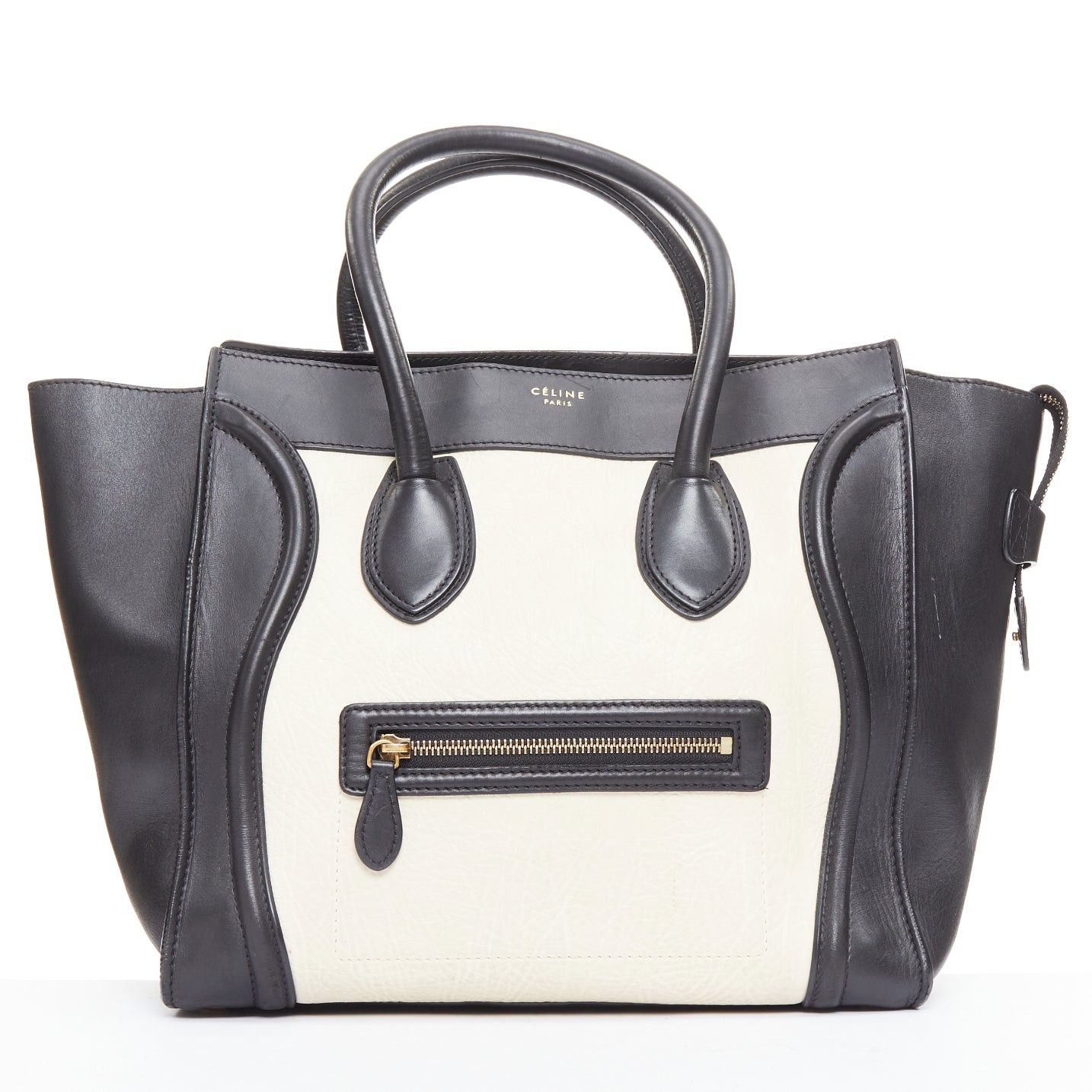 Celine CELINE Luggage Mini black cream bicolor nubuck calfskin flared bag Size ONE SIZE - 1 Thumbnail