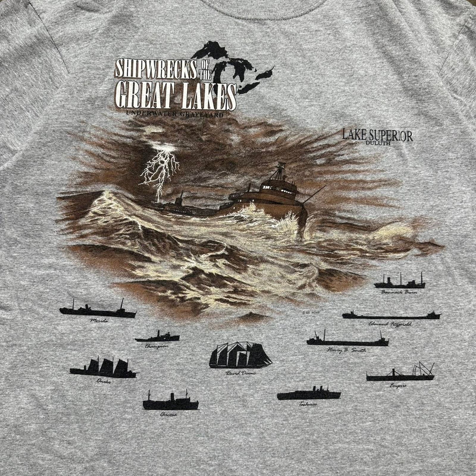 Anvil Vintage 90s Shipwrecks of The Great Lakes Tee Grey AOP Shirt Size US L / EU 52-54 / 3 - 2 Thumbnail