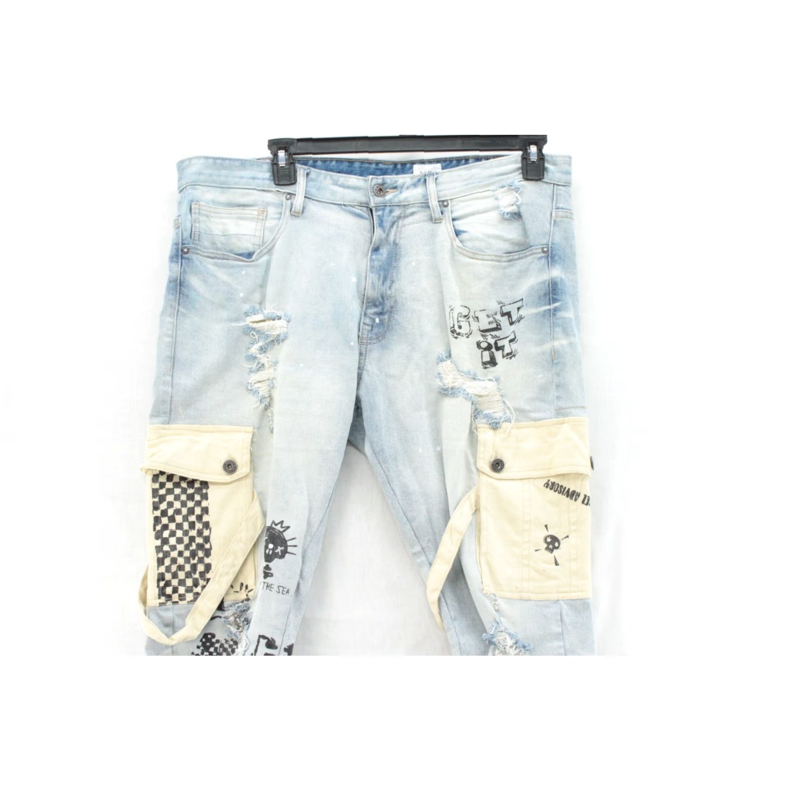 Vintage VINTAGE Smoke Rise Jeans Mens 38X32 5-Pocket Denim Distressed Graphic Streetwear Urban 90s Punk Hip Hop Skull Band City Logo Patches Fringes Size US 38 / EU 54 - 6 Thumbnail