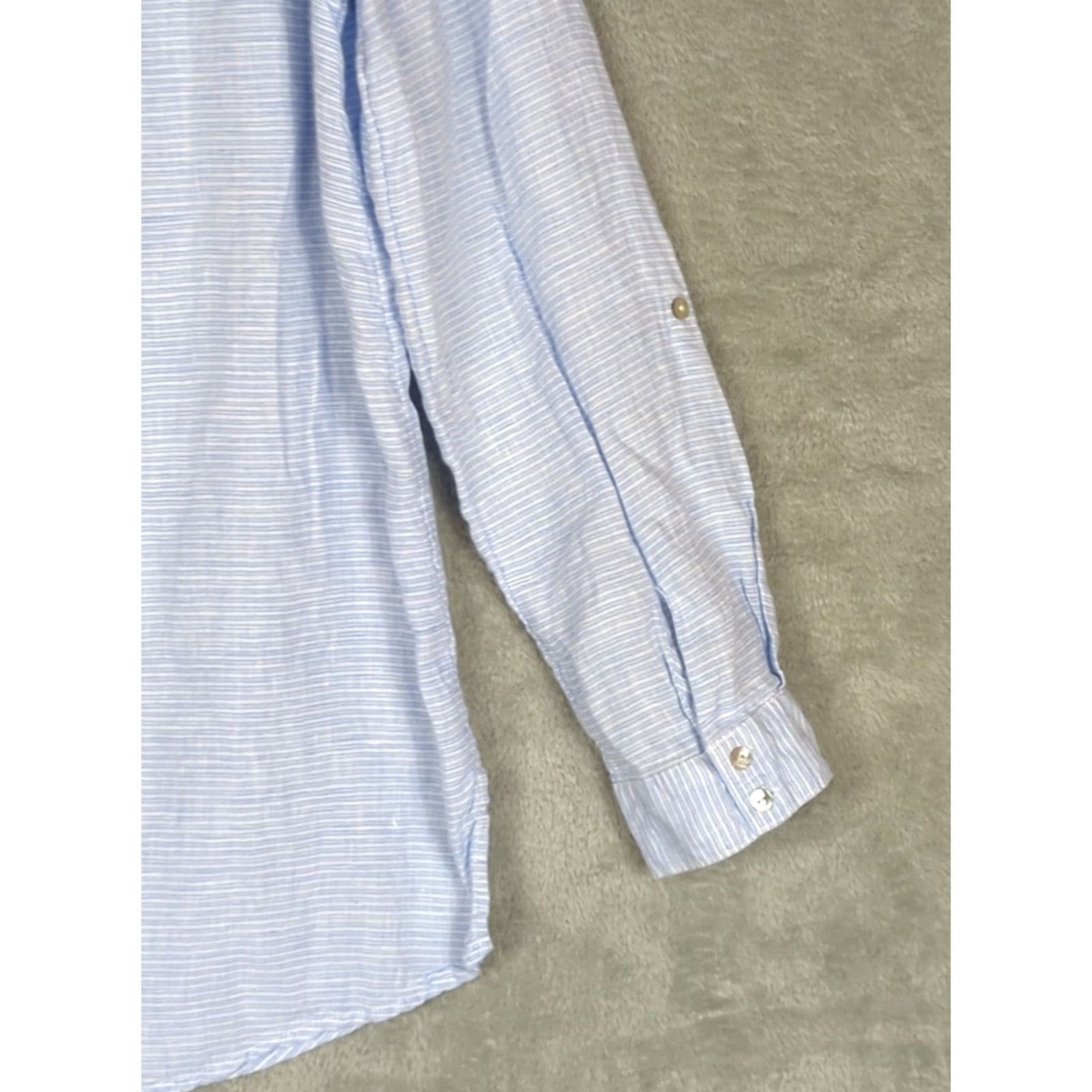Vintage St Tropez Tunic Shirt Women XL Linen Beach Cover Up White Blue Stripe Summer Casual Button-Up Collared Beach Theme Size XL / US 12-14 / IT 48-50 - 7 Thumbnail