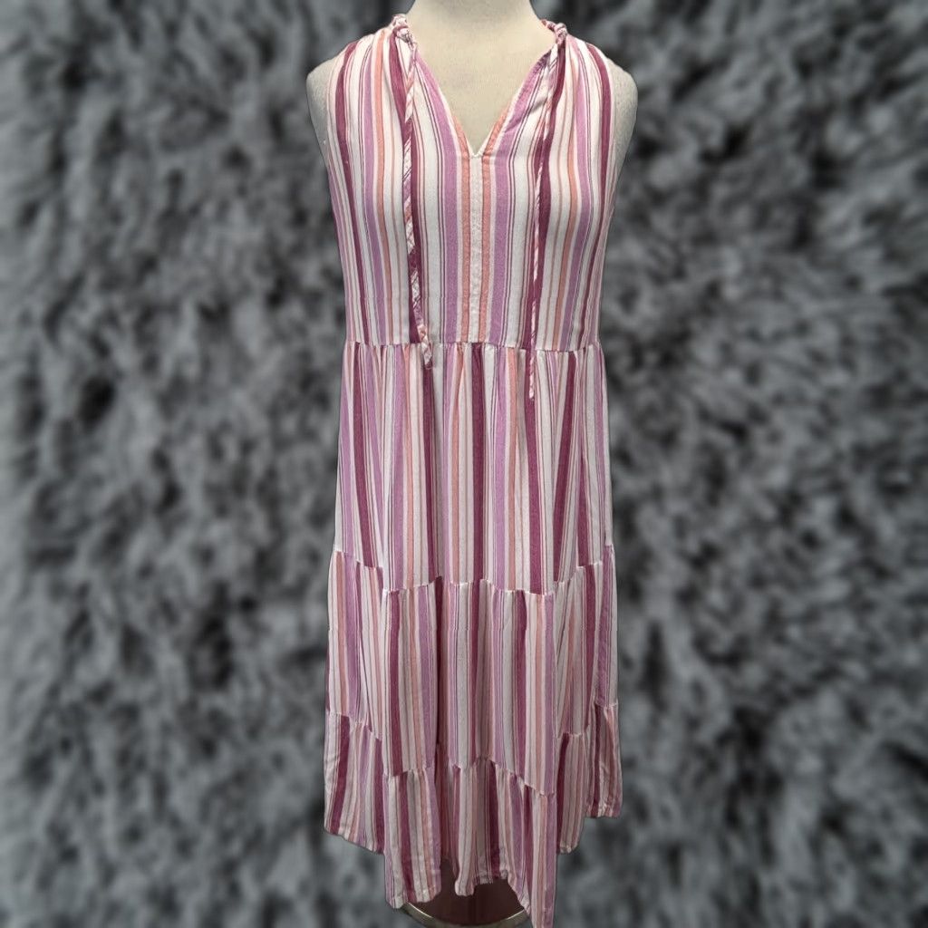 Loft VINTAGE LOFT Tiered Midi Dress Women’s Small Pink Striped Sleeveless Casual Summer Size S / US 4 / IT 40 - 1 Thumbnail