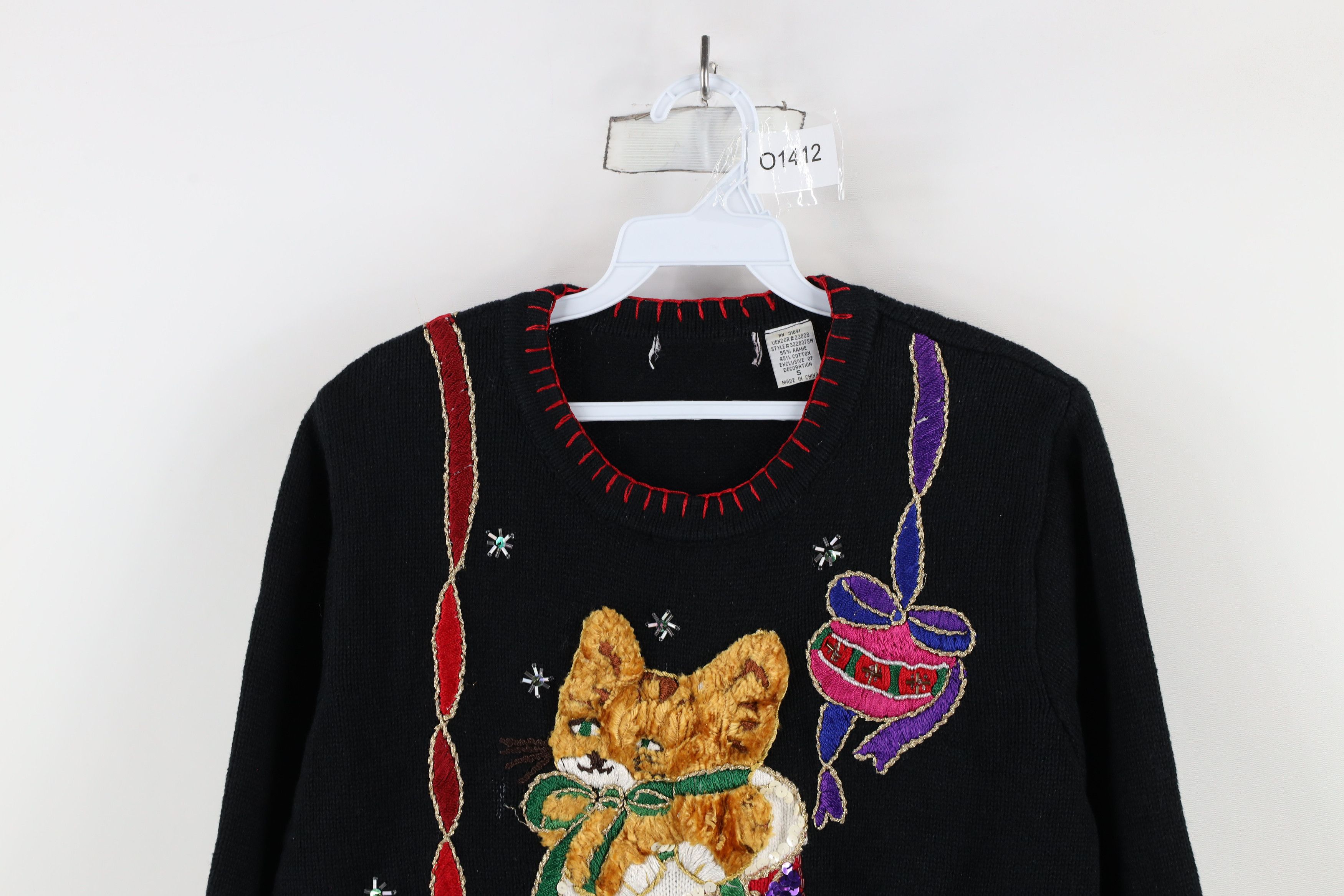 Vintage Vintage 90s Cat Kitten Stocking Beaded Knit Sweater Black Size S / US 4 / IT 40 - 2 Thumbnail