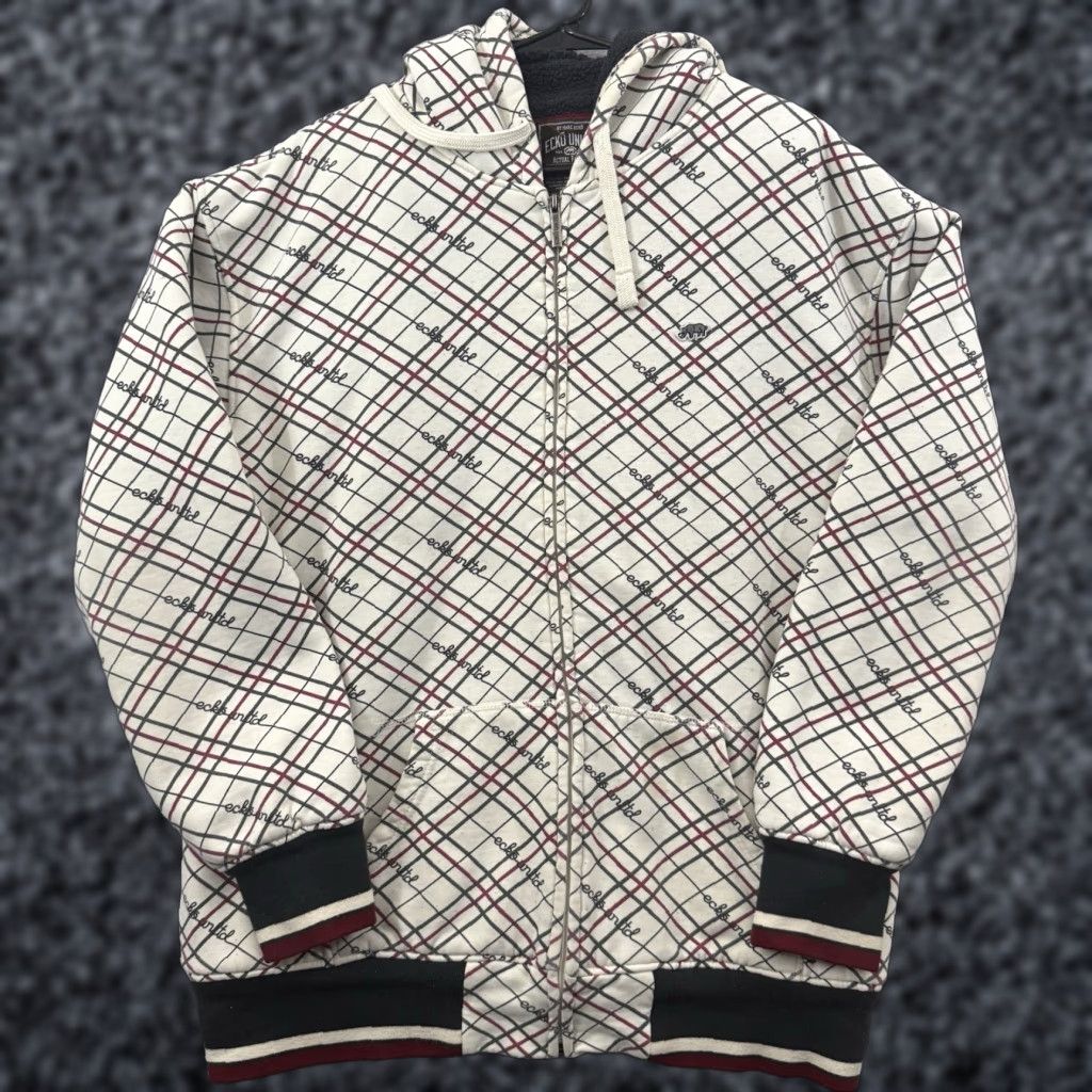 Ecko Unltd. VINTAGE Ecko Unltd Hoodie Mens 2XL Cream Full Zip Plaid Striped Sherpa 90s Y2K Size US XXL / EU 58 / 5 - 1 Thumbnail