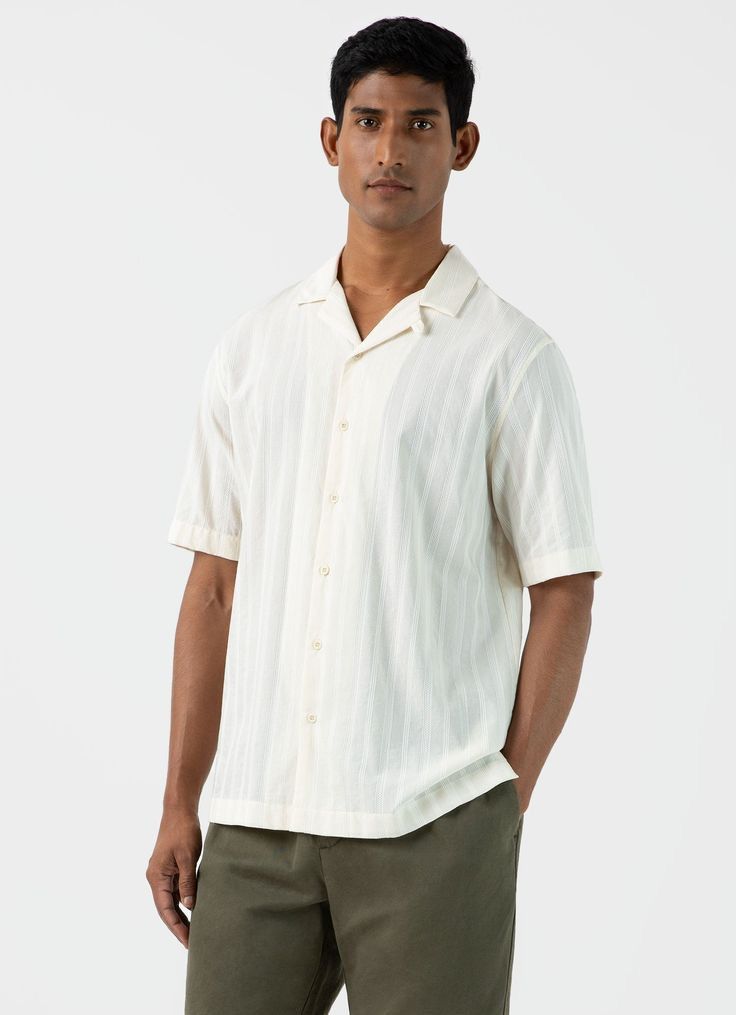 Sunspel Men’s S/S Embroidered Stripe Shirt in Ecru Size US M / EU 48-50 / 2 - 4 Thumbnail